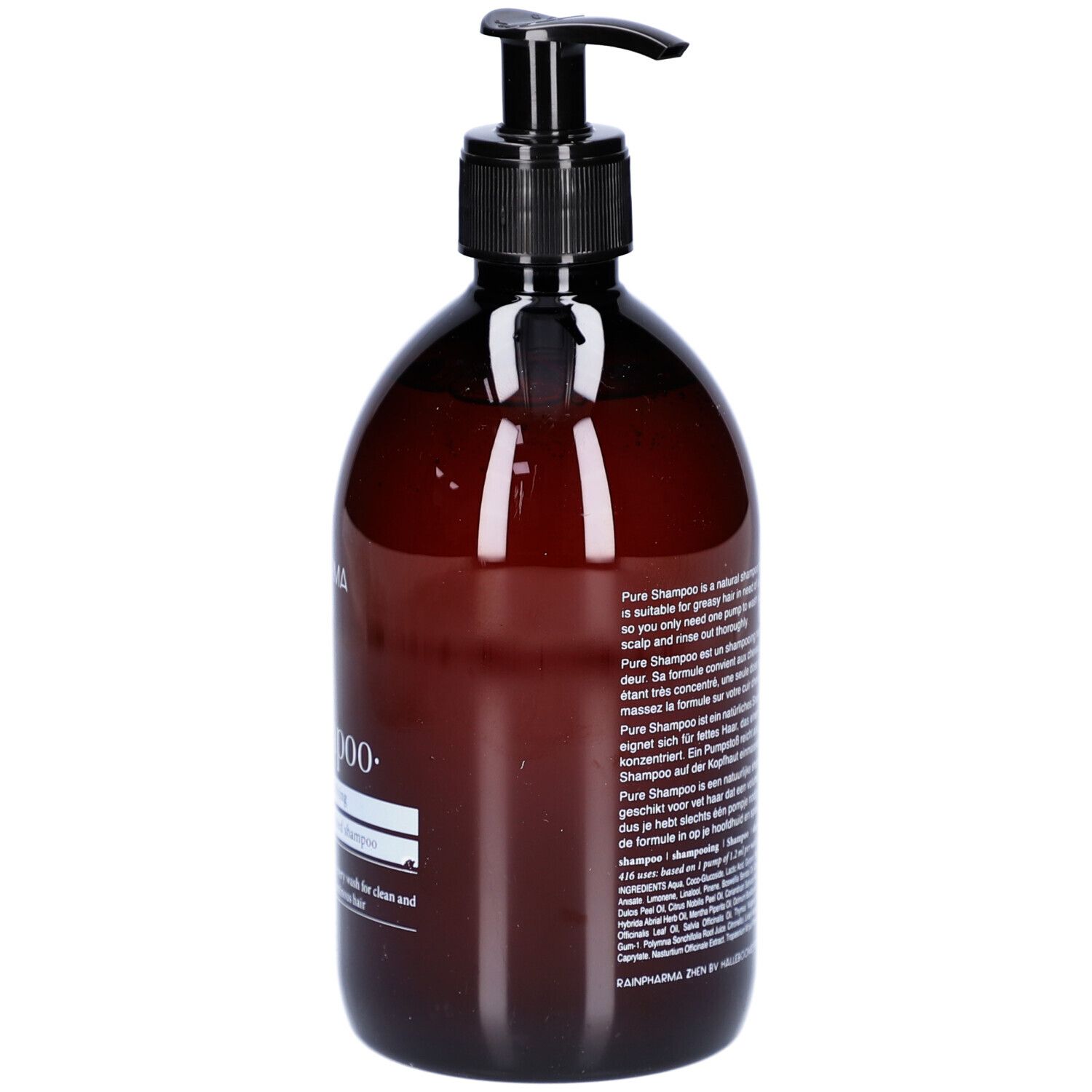 Flacon brun avec pompe noire. Texte: Pure Shampoo, 416, 500 ml. Description du produit au dos.