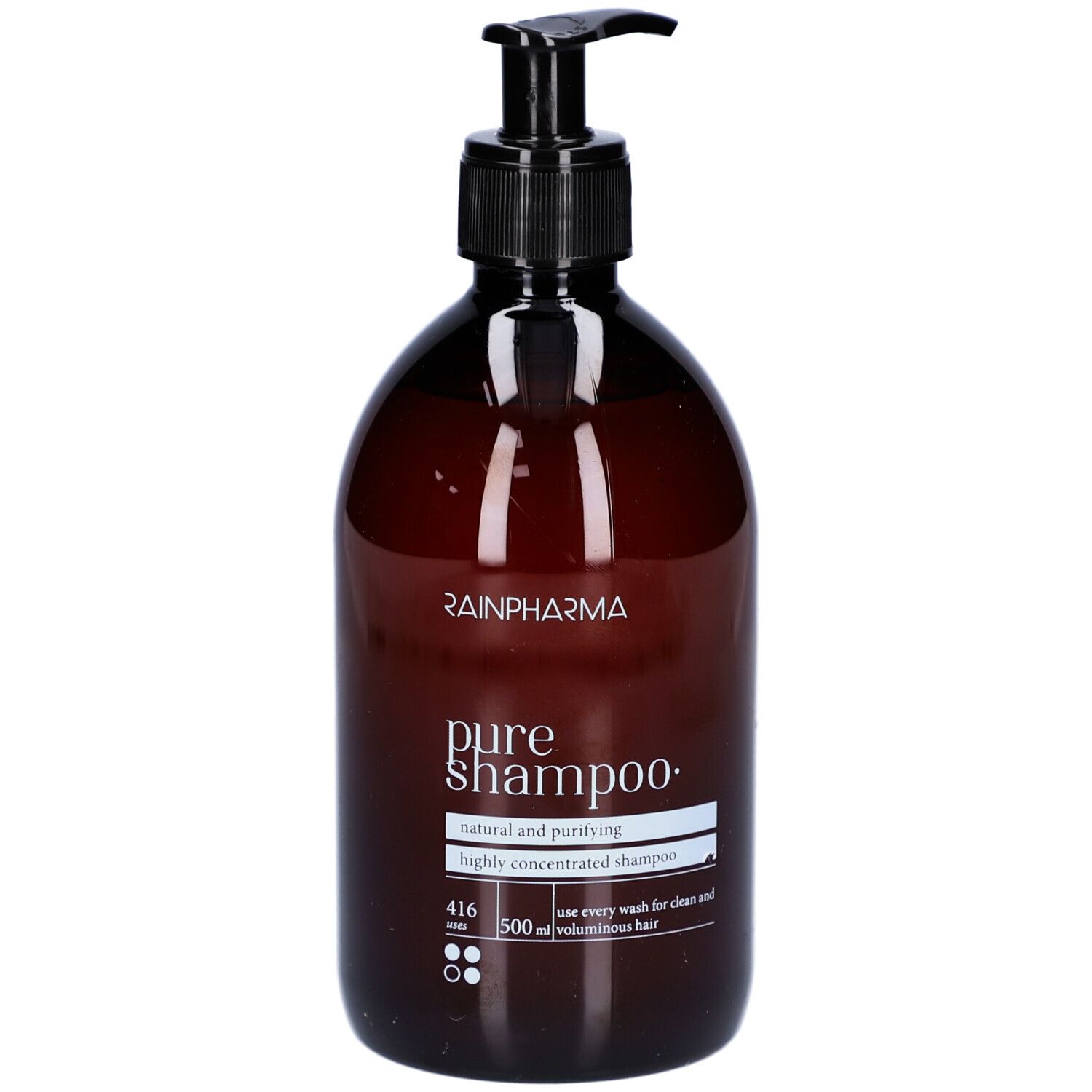Flacon brun avec pompe noire. Inscription: RAINPHARMA, pure shampoo, natural and purifying, 416, 500 ml.