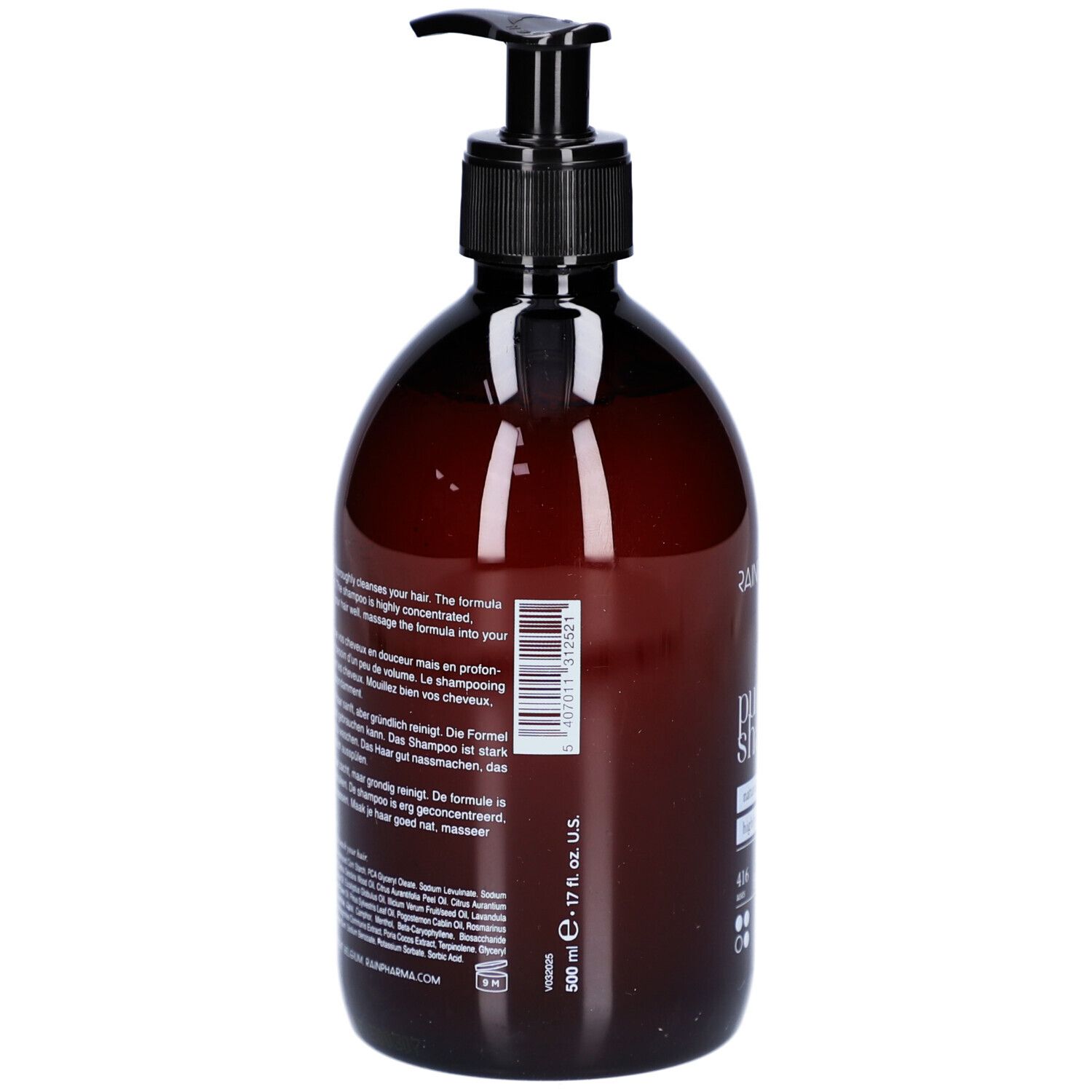 Flacon brun avec pompe noire. Inscription: 500 ml, 17 fl. oz. U.S. Description du produit au dos.