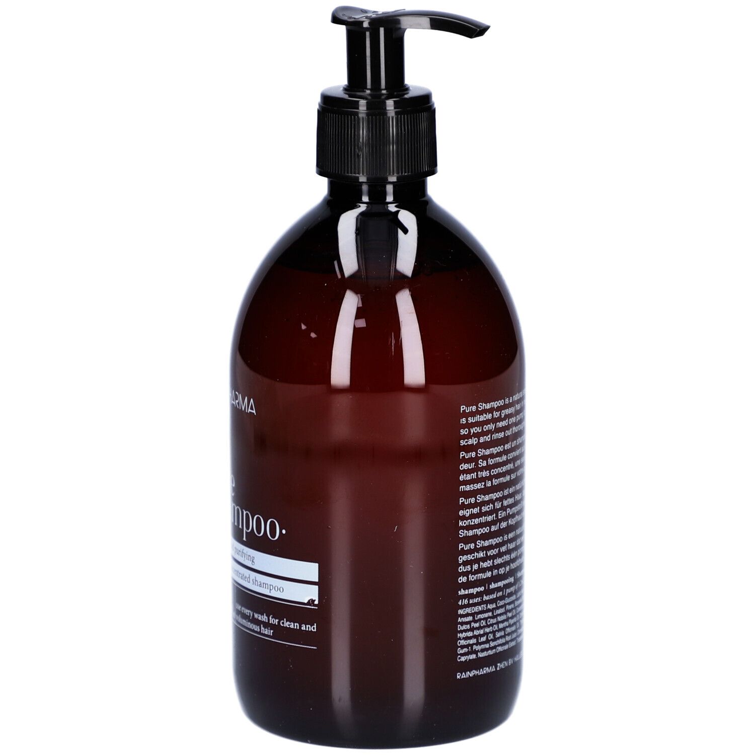 Flacon brun avec pompe noire. Inscription: RAINPHARMA, pure shampoo. Description du produit au dos.