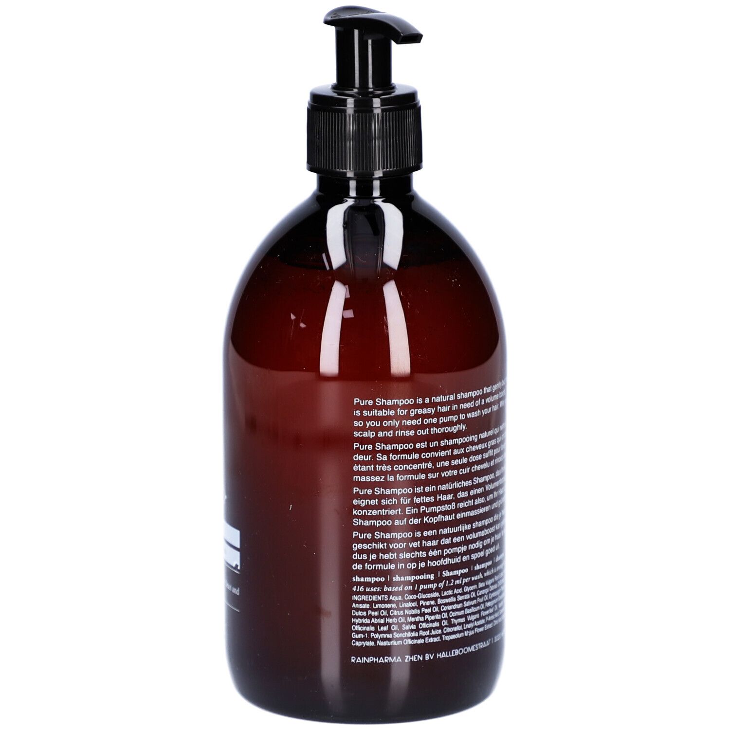 Flacon brun avec pompe noire. Description du produit au dos. Inscription: Pure Shampoo.