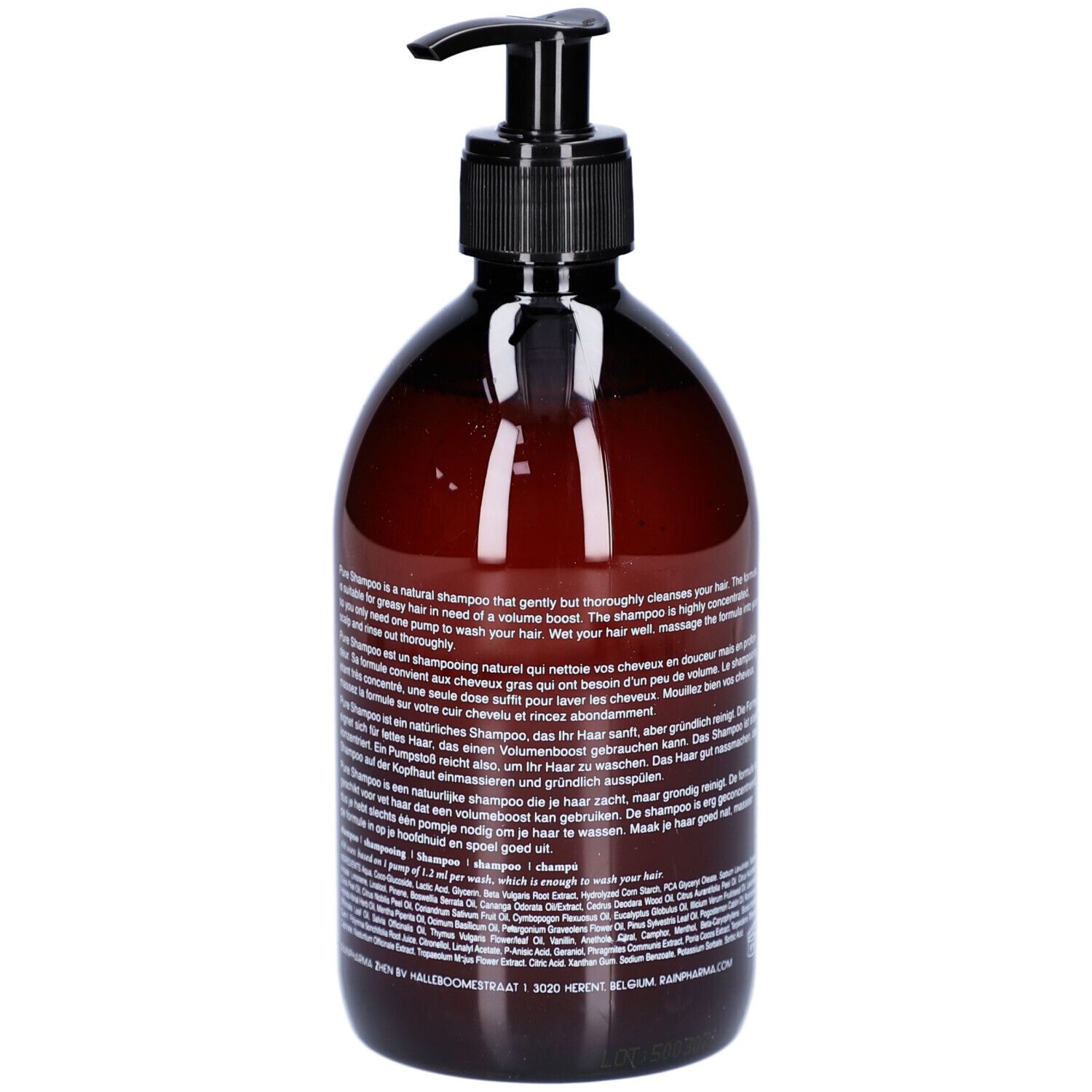 Flacon brun avec pompe noire. Description du produit au dos. Inscription: Pure Shampoo.