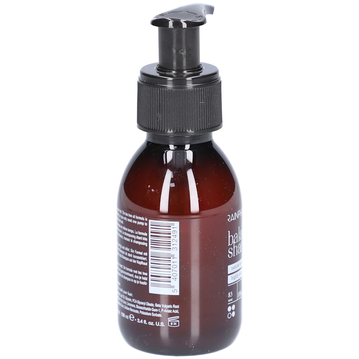 Flacon brun avec pompe noire. Texte et code-barres au dos. Nom du produit: Rainpharma balancing shampoo.