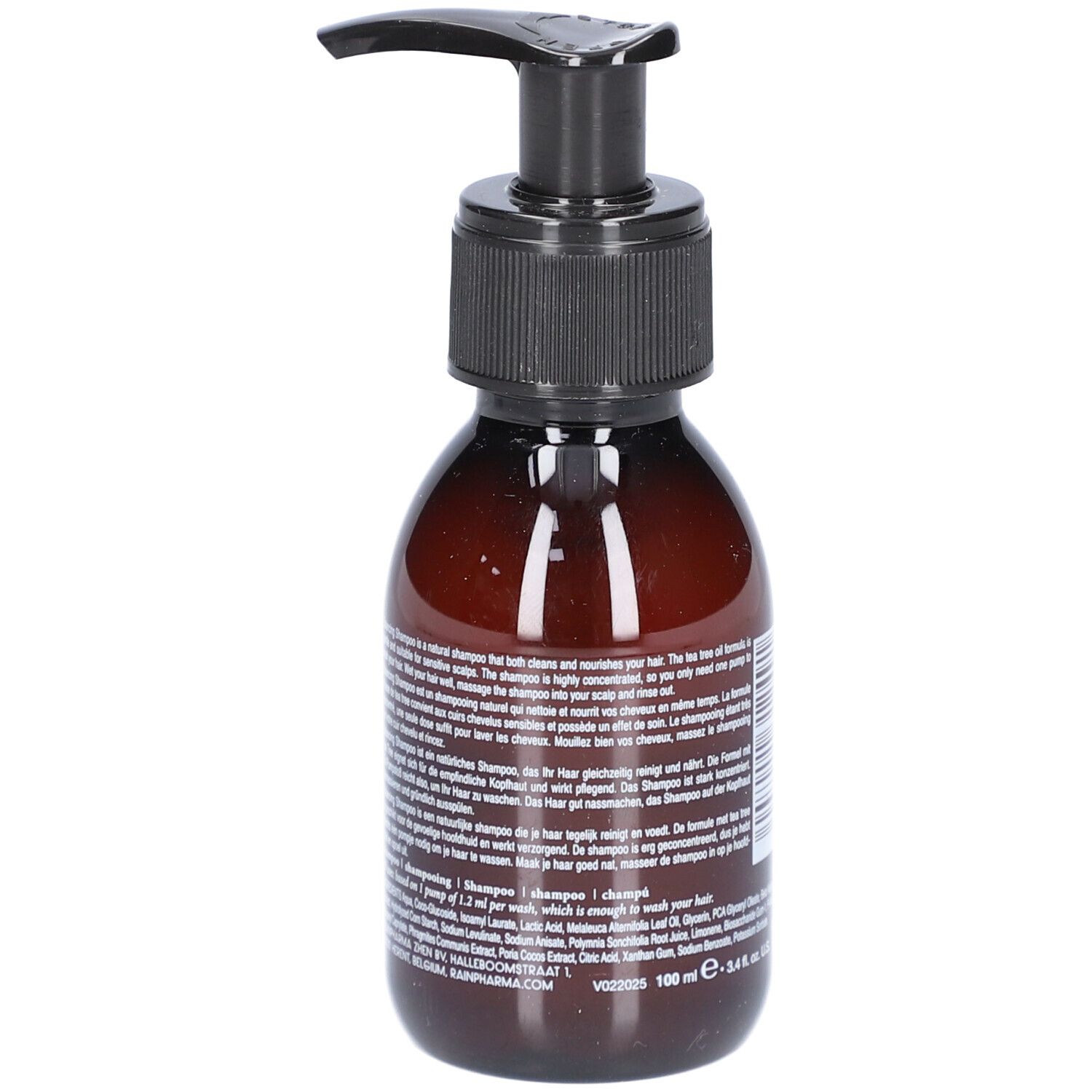 Flacon brun avec pompe noire. Texte au dos. Nom du produit: Rainpharma balancing shampoo.
