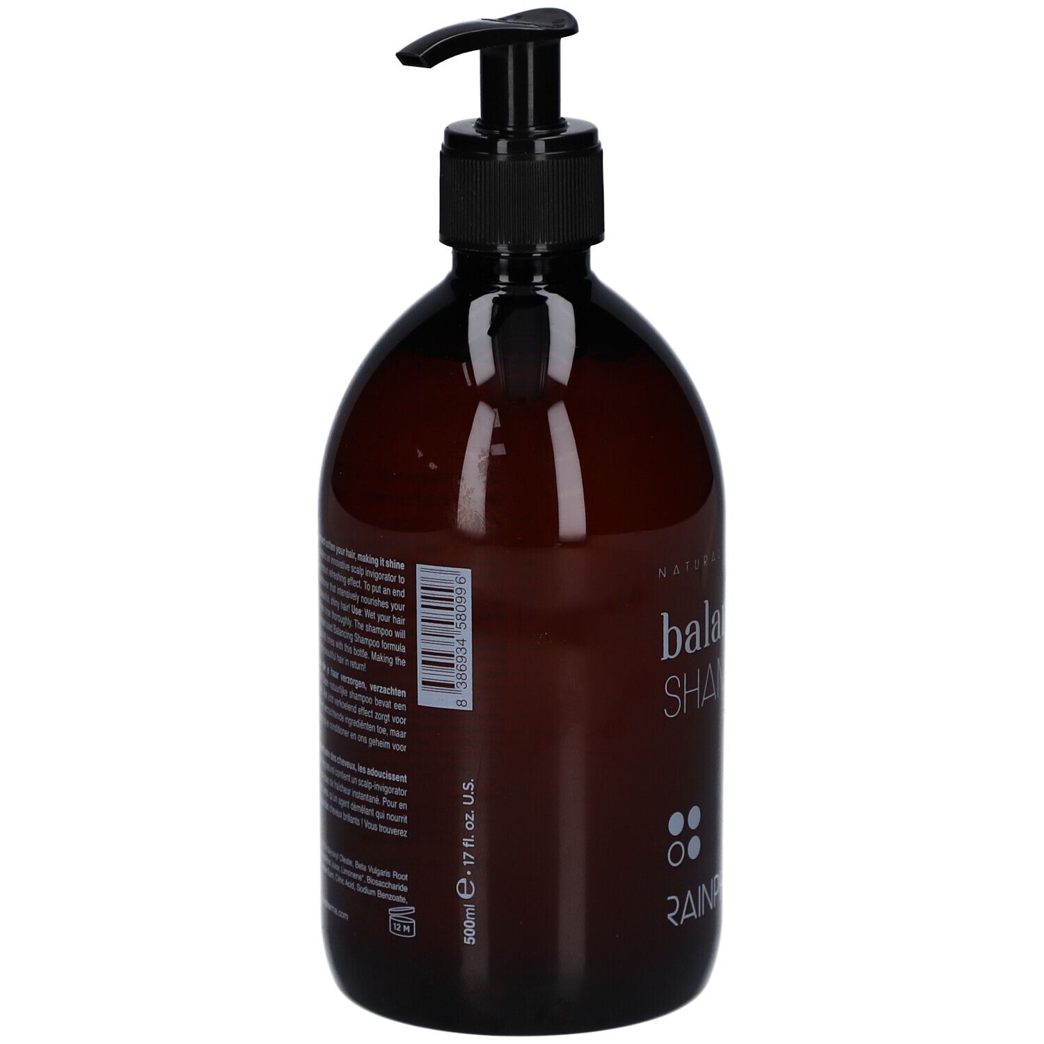 Flacon brun avec pompe noire. Texte et code-barres au dos. 500ml, 17 fl. oz. U.S.