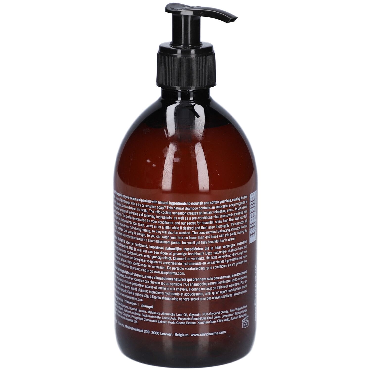 Flacon brun avec pompe noire. Dos avec texte. Informations sur le produit et ingrédients.