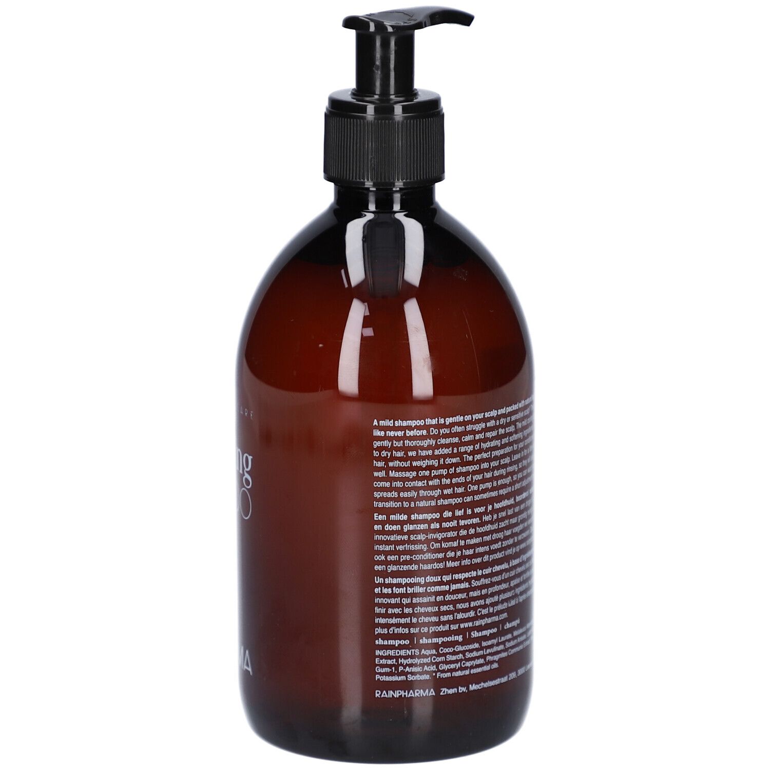 Flacon brun avec pompe noire. Texte au dos. Informations sur le produit et ingrédients.