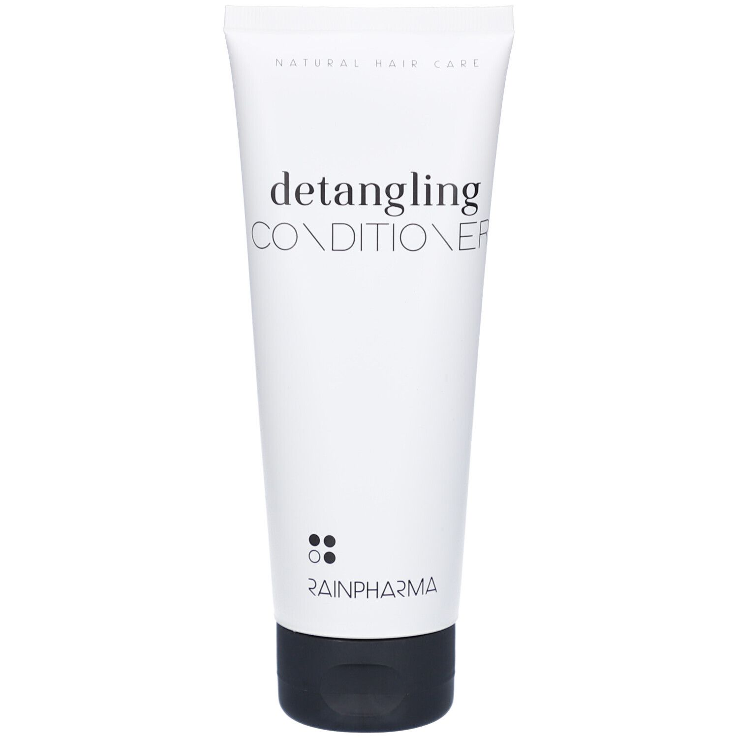Tube blanc avec bouchon noir. Inscription : "detangling CONDITIONER" et "RAINPHARMA".