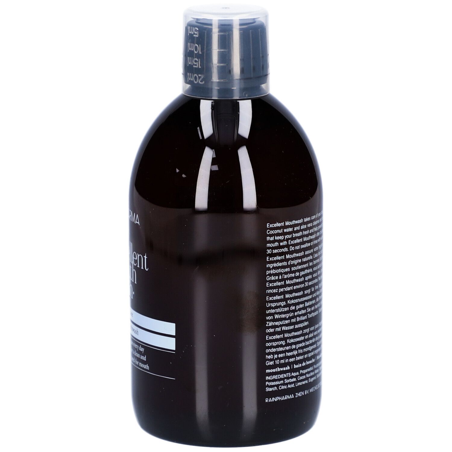 Flacon brun de Rainpharma Excellent Mouthwash. Bouchon noir avec échelle de mesure. Texte sur l'étiquette.