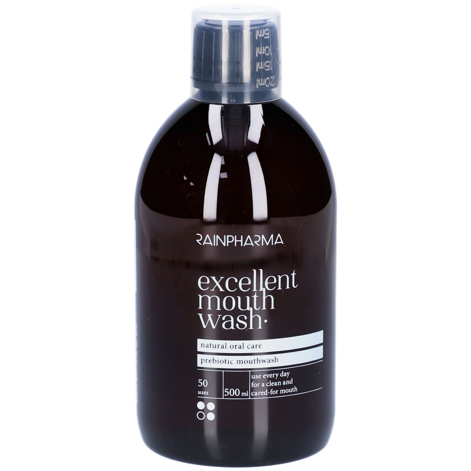 Flacon brun Rainpharma Excellent Mouthwash. Bouchon noir. Étiquette avec informations produit.