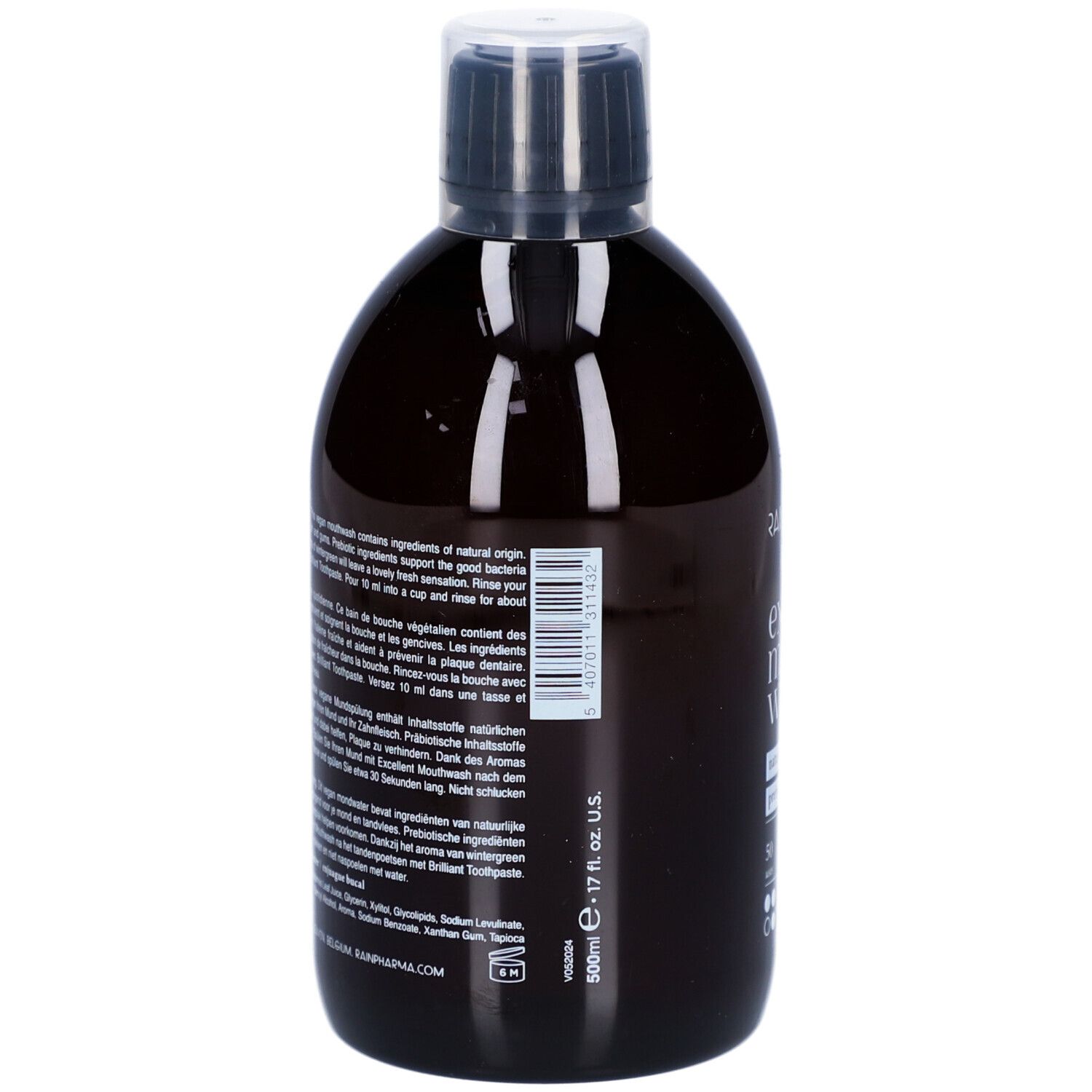 Flacon brun Rainpharma Excellent Mouthwash. Bouchon noir. Étiquette avec texte et code-barres.