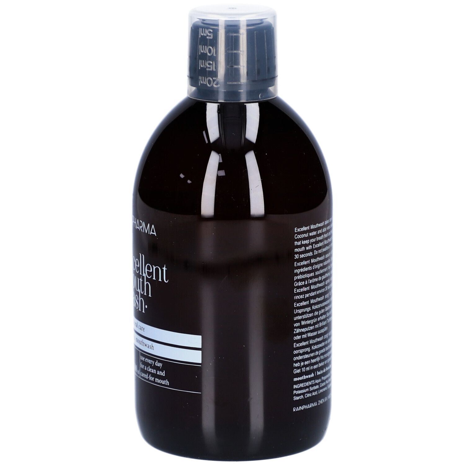 Flacon brun Rainpharma Excellent Mouthwash. Bouchon noir. Étiquette avec informations produit.