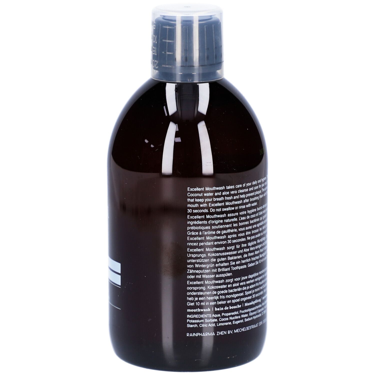 Flacon brun Rainpharma Excellent Mouthwash. Bouchon noir. Étiquette avec ingrédients.