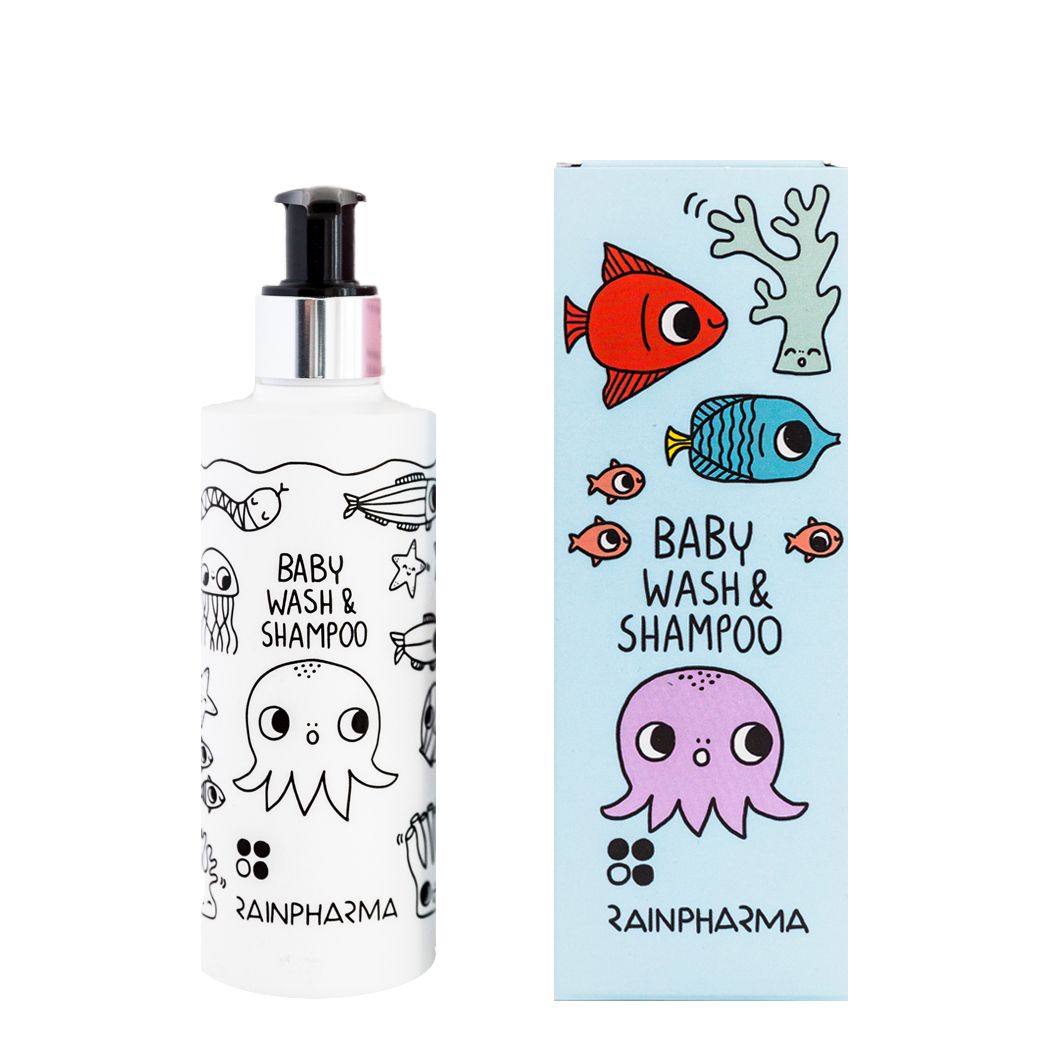 Produit et emballage. Flacon avec pompe noire et carton. Inscription: Baby Wash & Shampoo, animaux marins. Marque: Rainpharma.