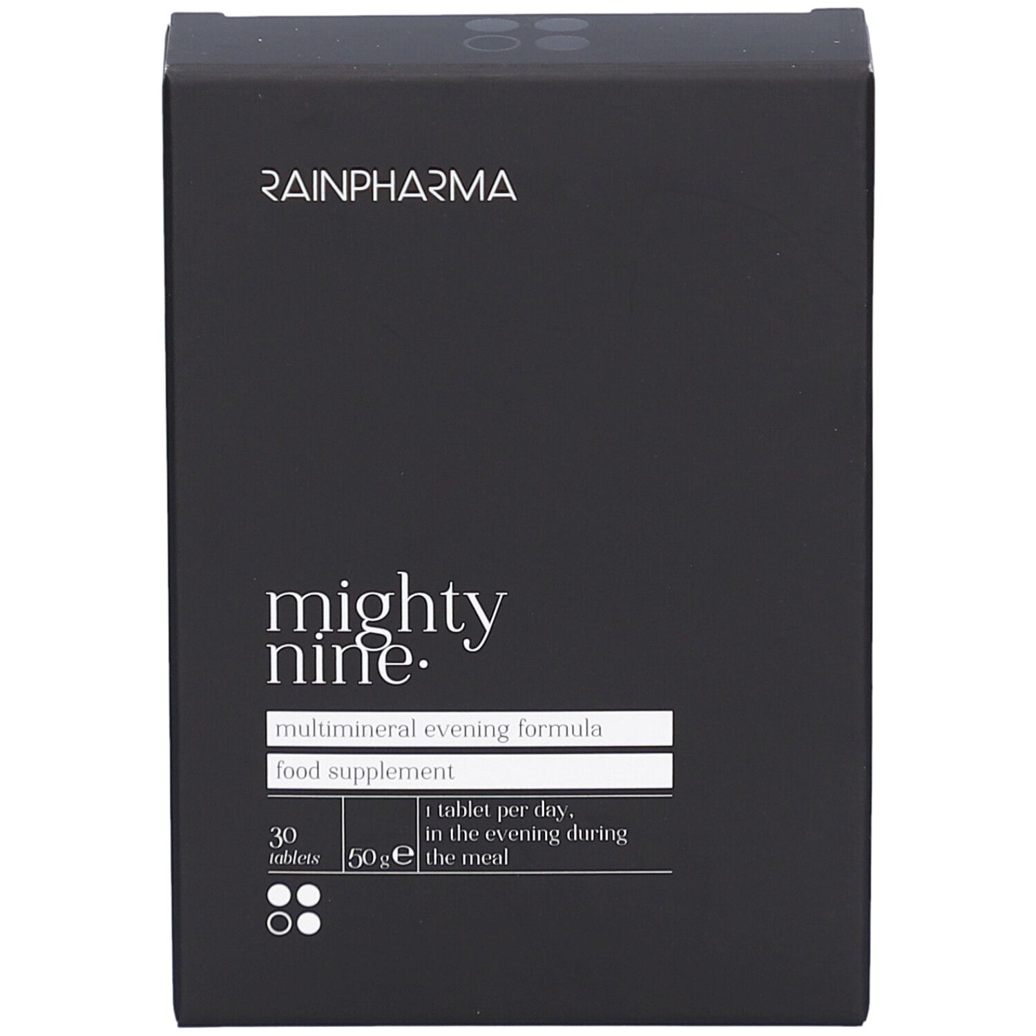 Boîte noire RainPharma avec "mighty nine.". Contient 30 comprimés. Formule multiminérale du soir. Complément alimentaire.