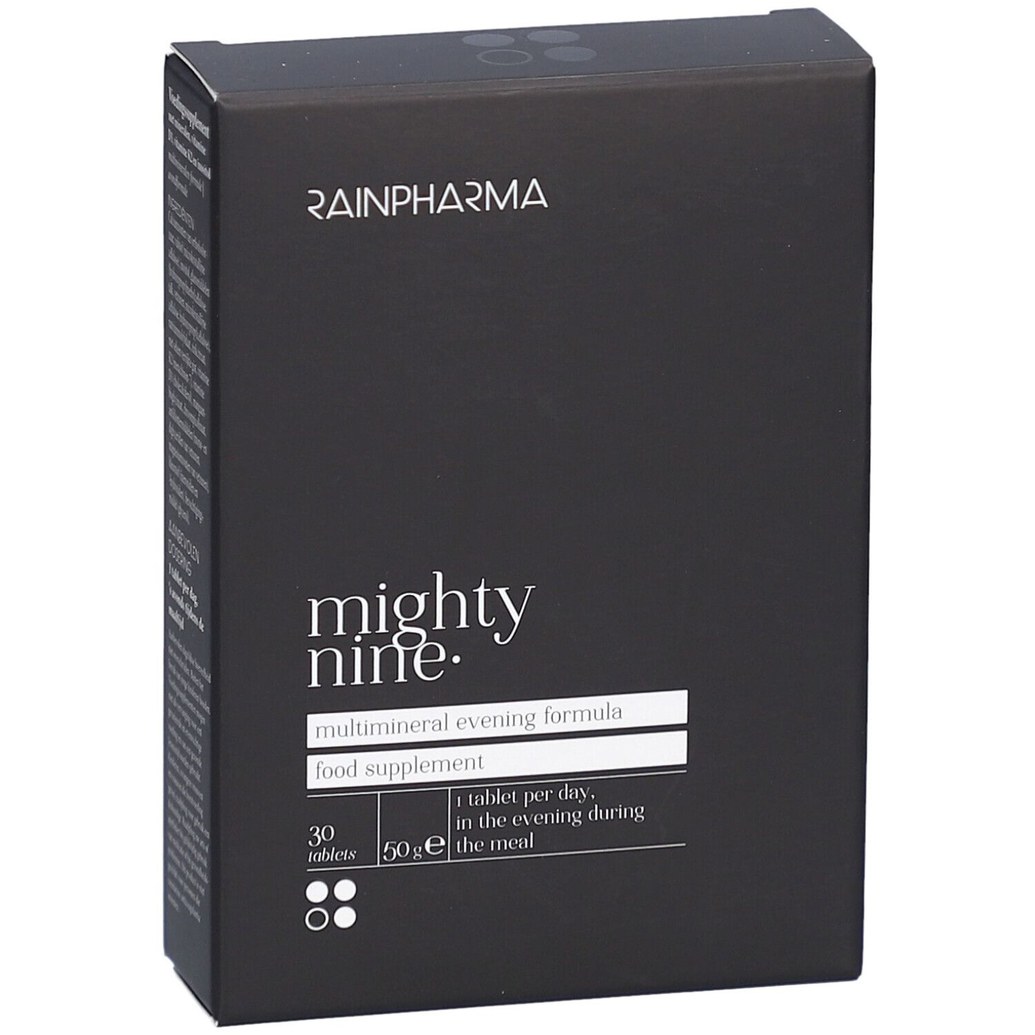 Boîte noire RainPharma avec "mighty nine.". Contient 30 comprimés. Formule multiminérale du soir. Complément alimentaire.