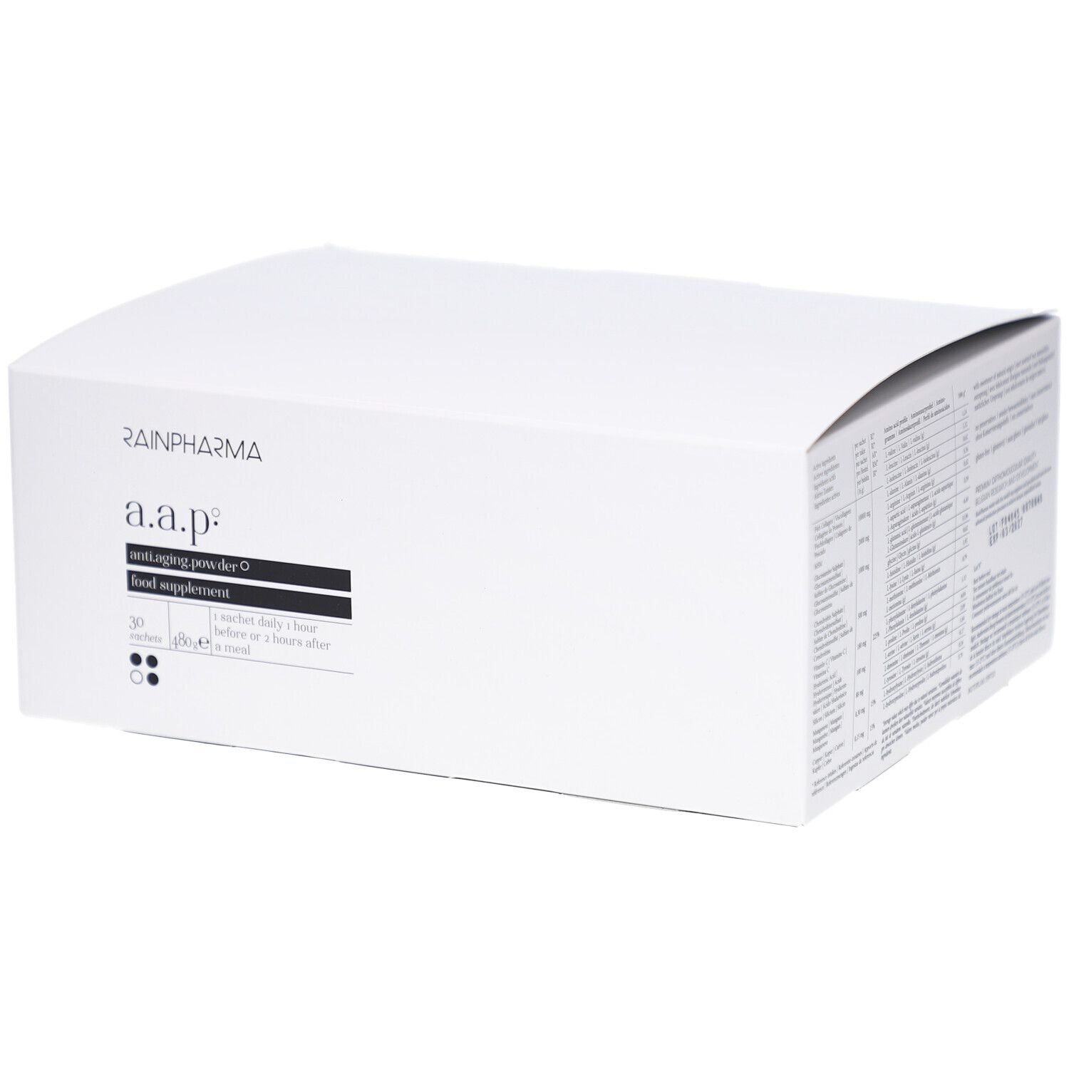 Boîte blanche avec texte noir. RAINPHARMA en haut, a.a.p. anti-aging powder-O en dessous. 30 sachets.