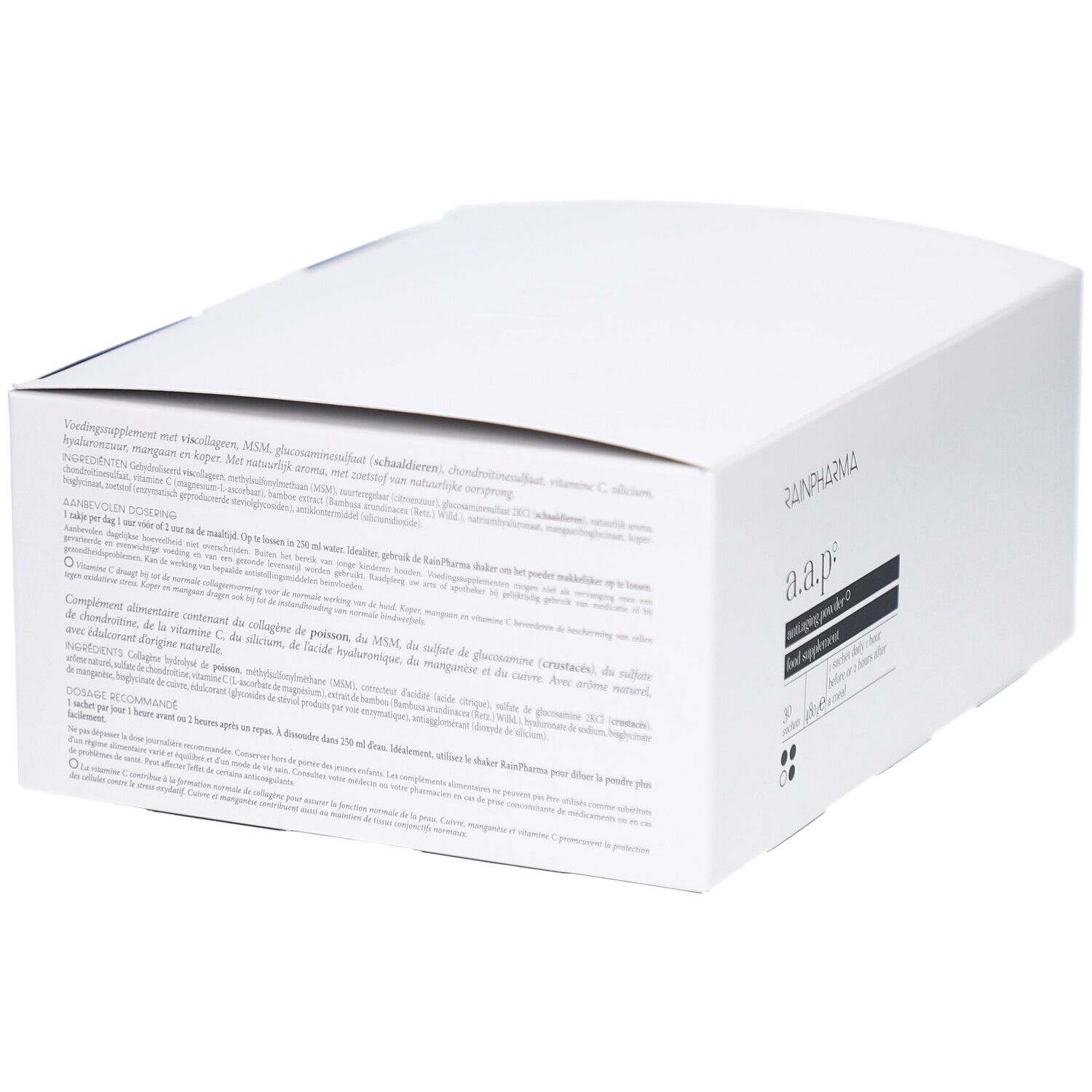 Boîte blanche avec texte multilingue. Contient des informations sur les ingrédients et l'utilisation.