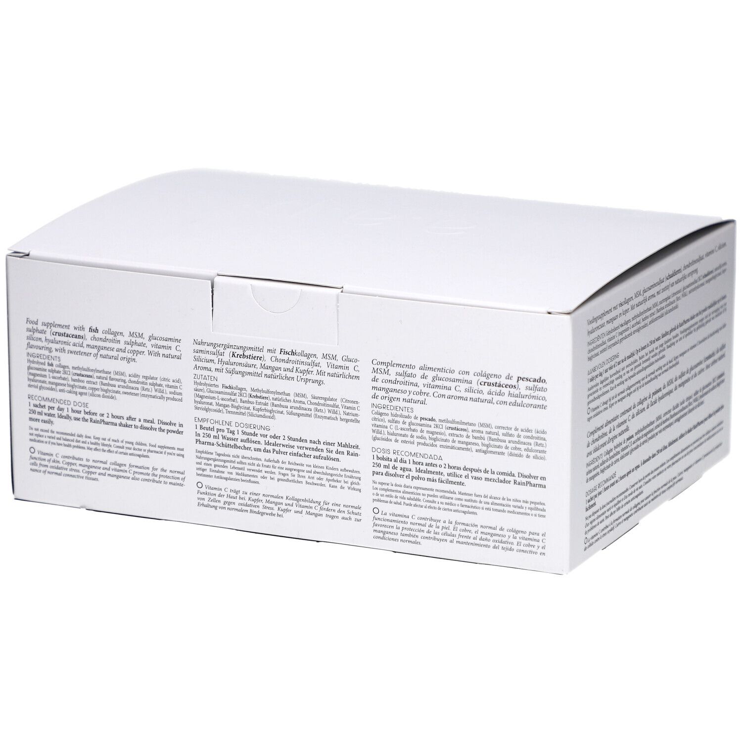 Boîte blanche avec texte multilingue. Contient des informations sur les ingrédients et l'utilisation.