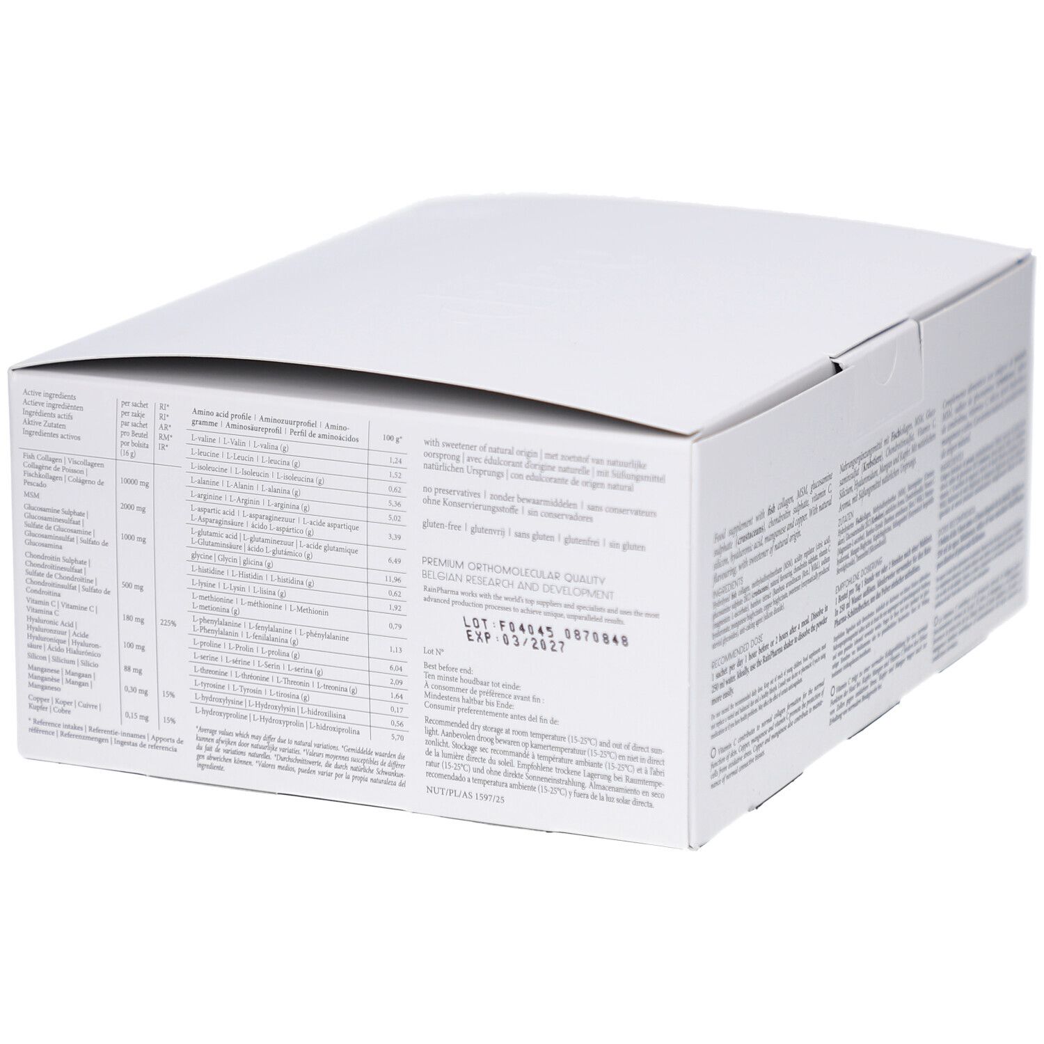 Boîte blanche avec texte multilingue. Contient des informations sur les ingrédients et l'utilisation.