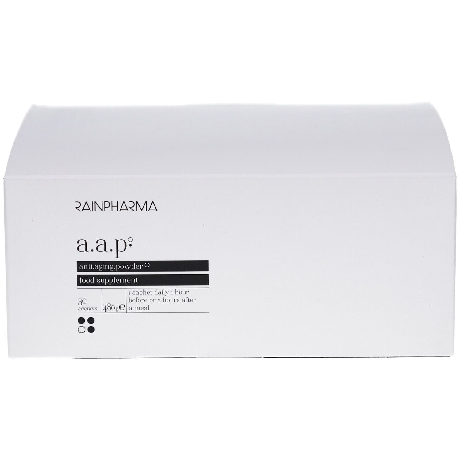 Boîte blanche avec texte noir. RAINPHARMA en haut, a.a.p. anti-aging powder-O en dessous. 30 sachets.