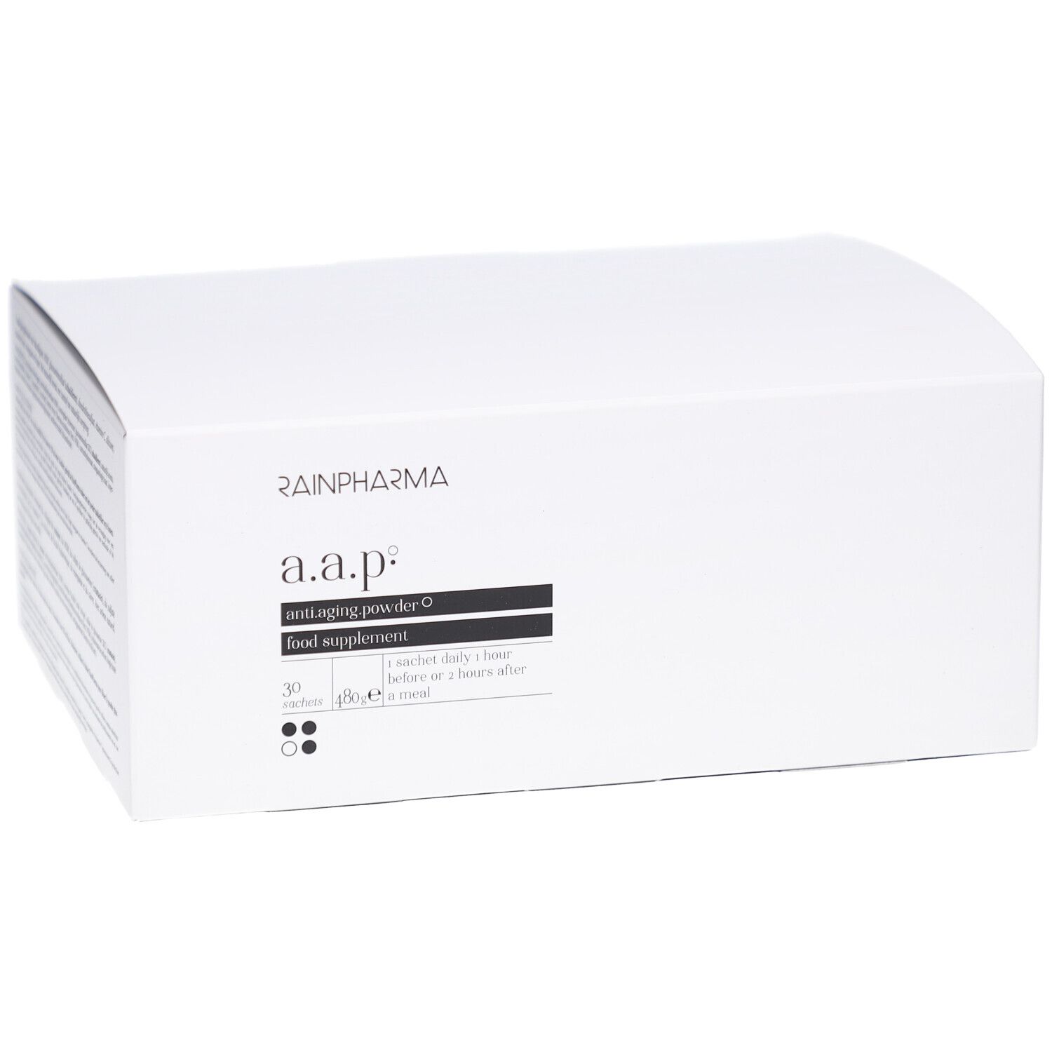 Boîte blanche avec texte noir. RAINPHARMA en haut, a.a.p. anti-aging powder-O en dessous. 30 sachets.