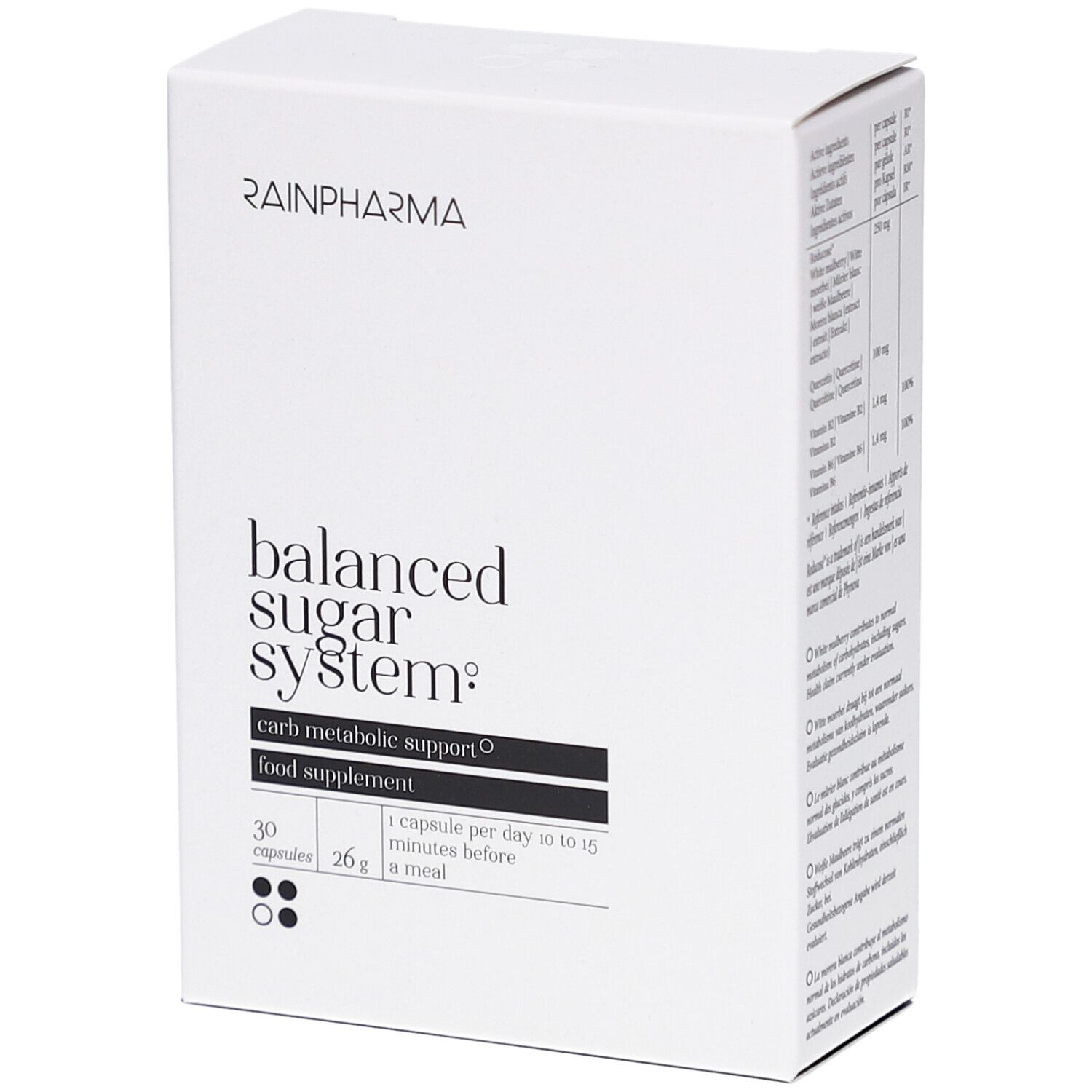Boîte rectangulaire blanche avec logo RainPharma et inscription "balanced sugar system". Contient 30 gélules.