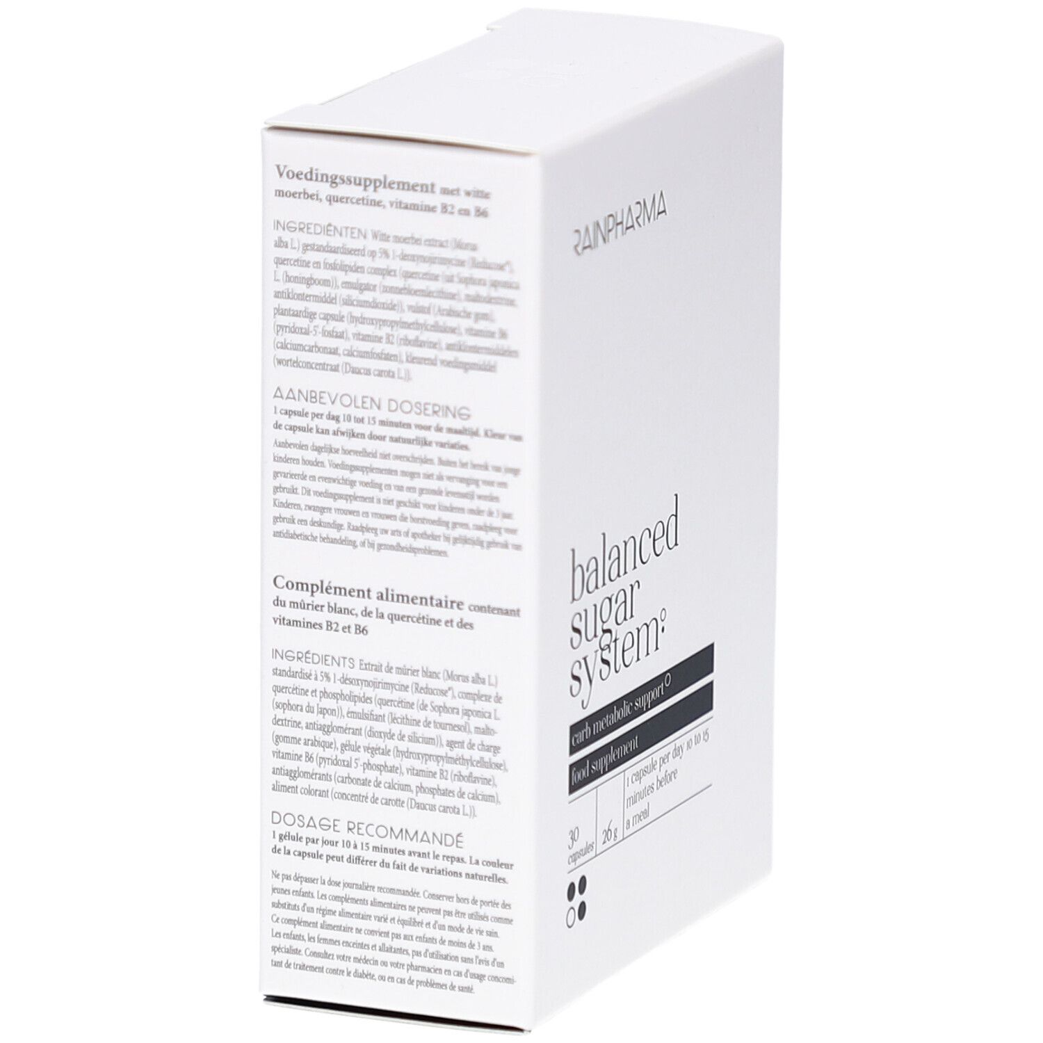 Boîte blanche avec texte multilingue. Contient des informations sur les ingrédients et le dosage. Logo RainPharma.