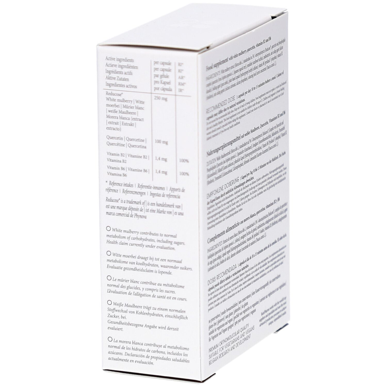 Boîte blanche avec texte multilingue. Contient des informations sur les ingrédients et le dosage. Logo RainPharma.