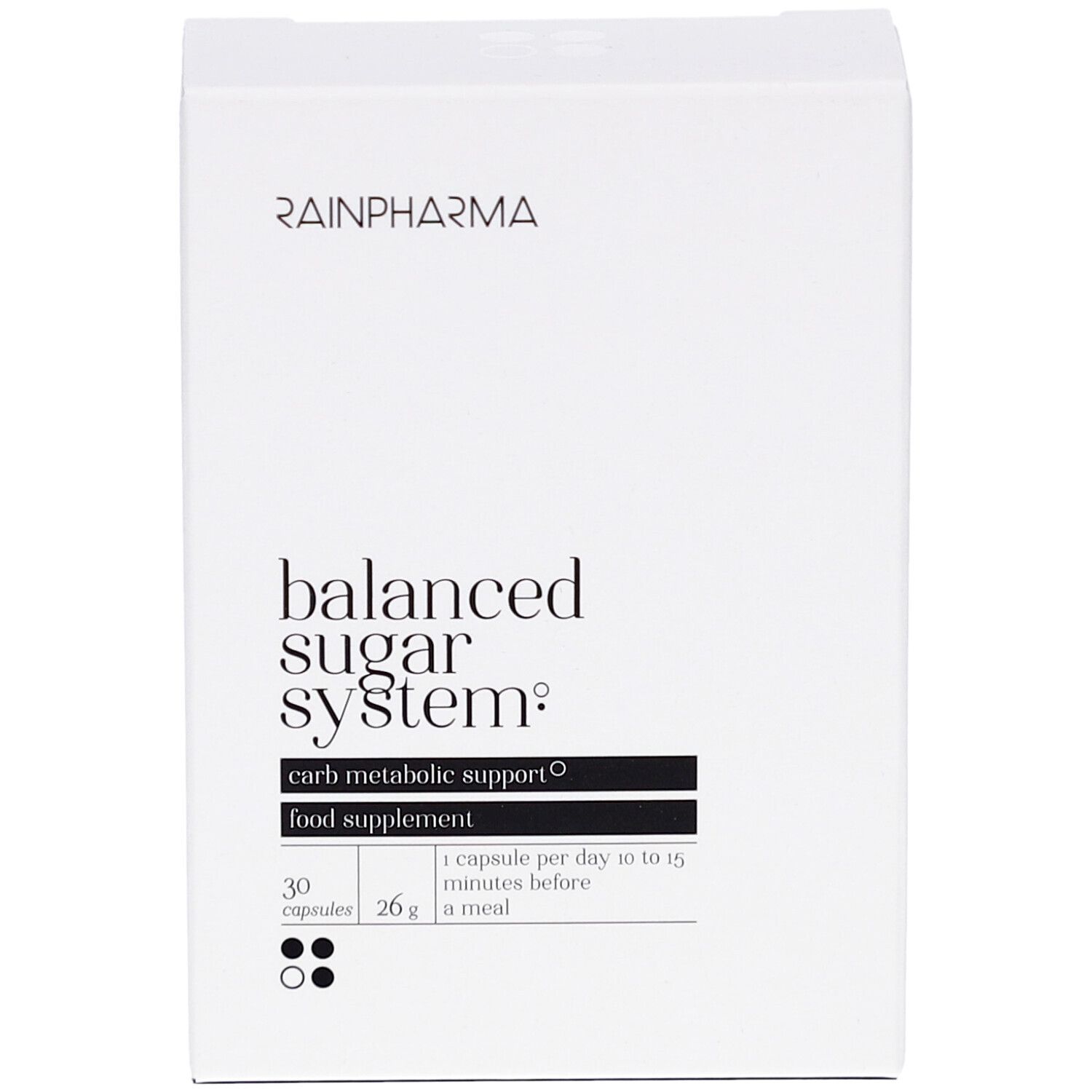 Boîte rectangulaire blanche avec logo RainPharma et inscription "balanced sugar system". Contient 30 gélules.
