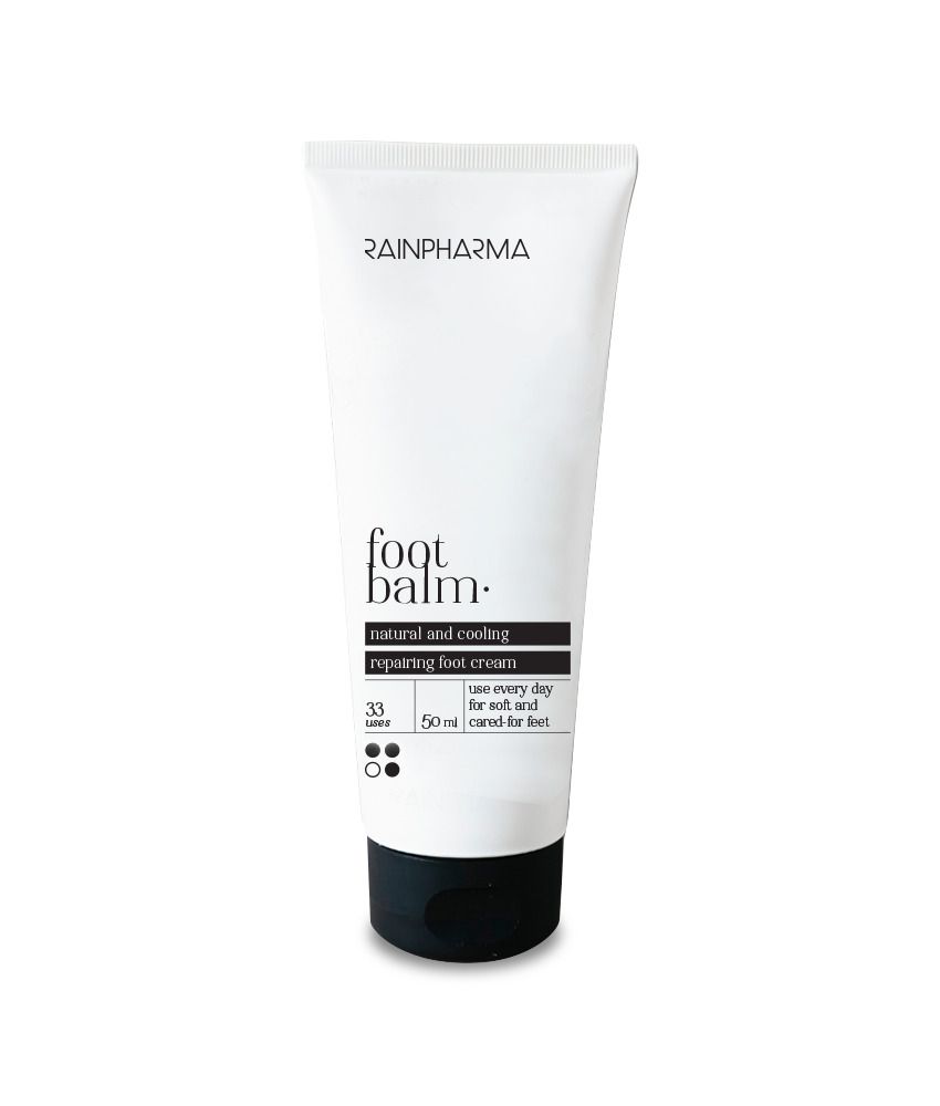 Tube blanche avec bouchon noir. Inscription: Rainpharma, foot balm, natural and cooling repairing foot cream. 50 ml.