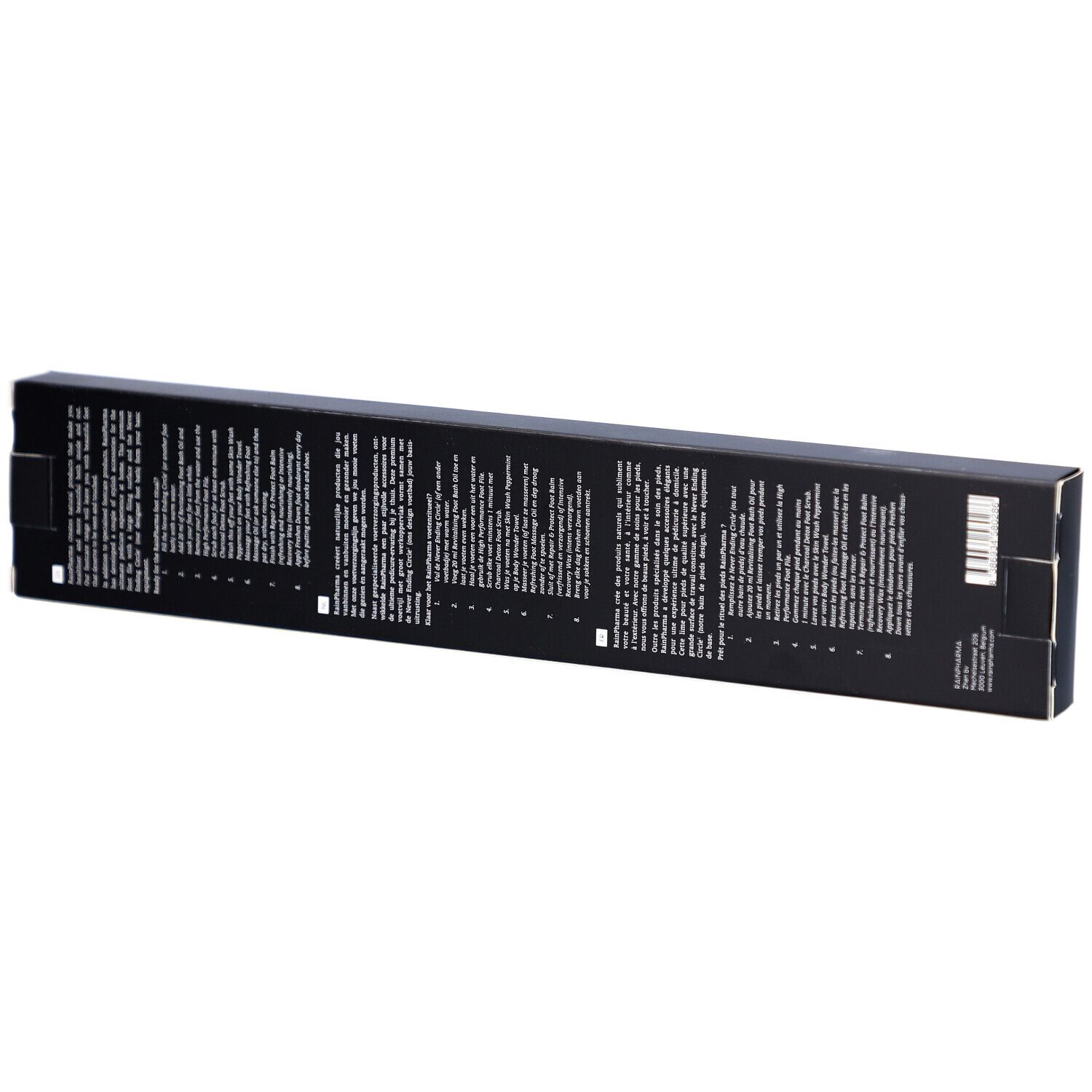 Boîte noire avec texte. Dos avec texte. Inscription : Rainpharma.