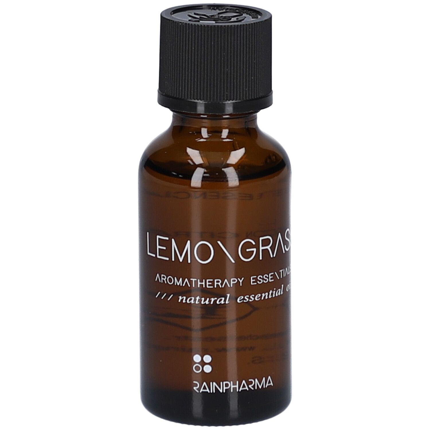 Flacon en verre brun avec bouchon noir. Inscription: LEMONGRASS, AROMATHERAPY ESSENTIALS, natural essential oil. Logo RainPharma.