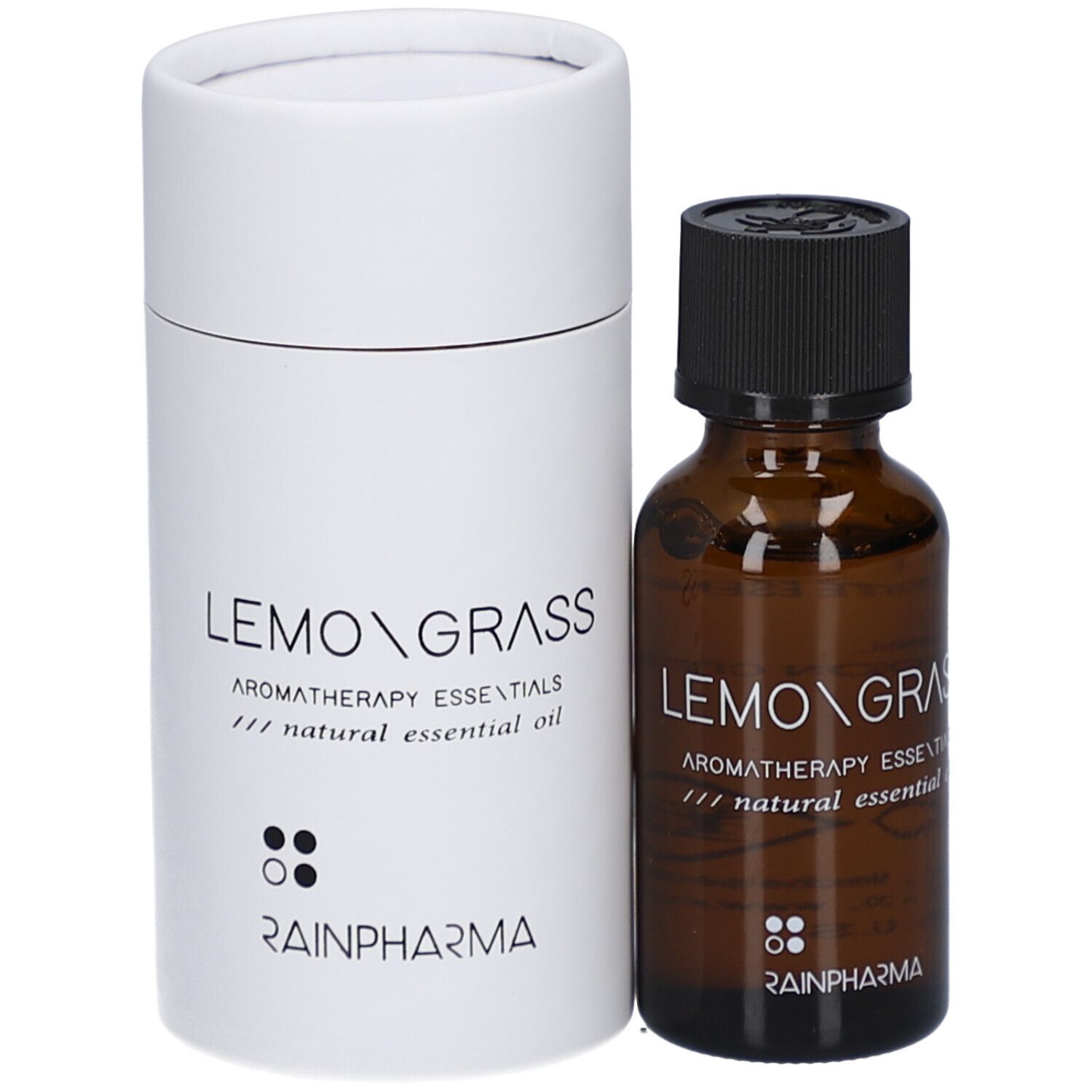 Flacon en verre brun avec bouchon noir à côté d'un emballage cylindrique blanc. Inscription: LEMONGRASS, Logo RainPharma.