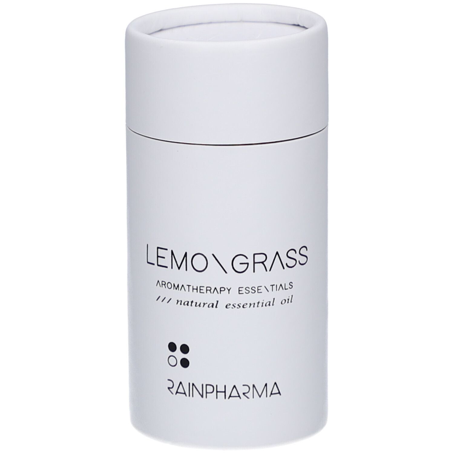 Emballage cylindrique blanc. Inscription: LEMONGRASS, Logo RainPharma.