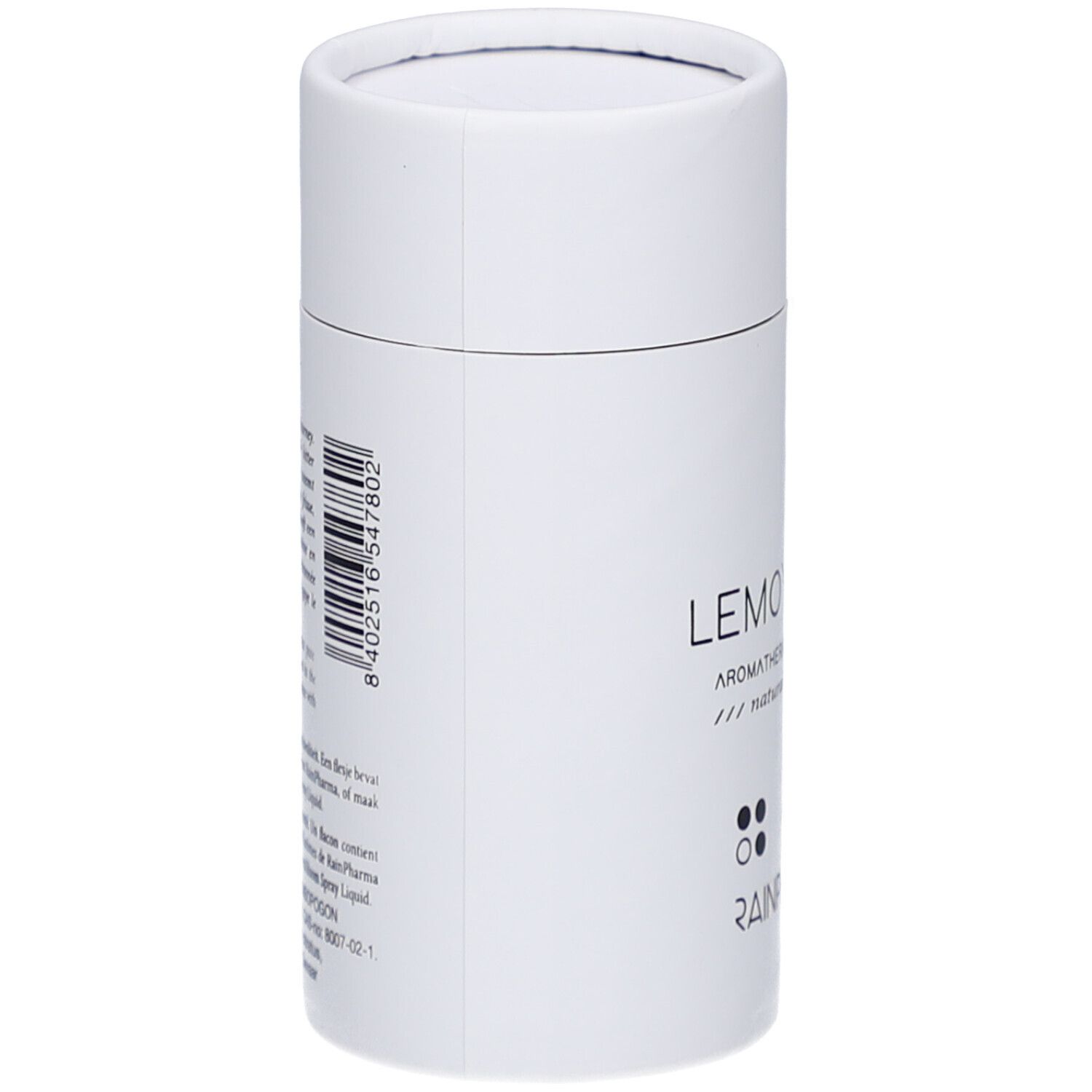 Emballage cylindrique blanc. Inscription: LEMONGRASS, Logo RainPharma. Code-barres.