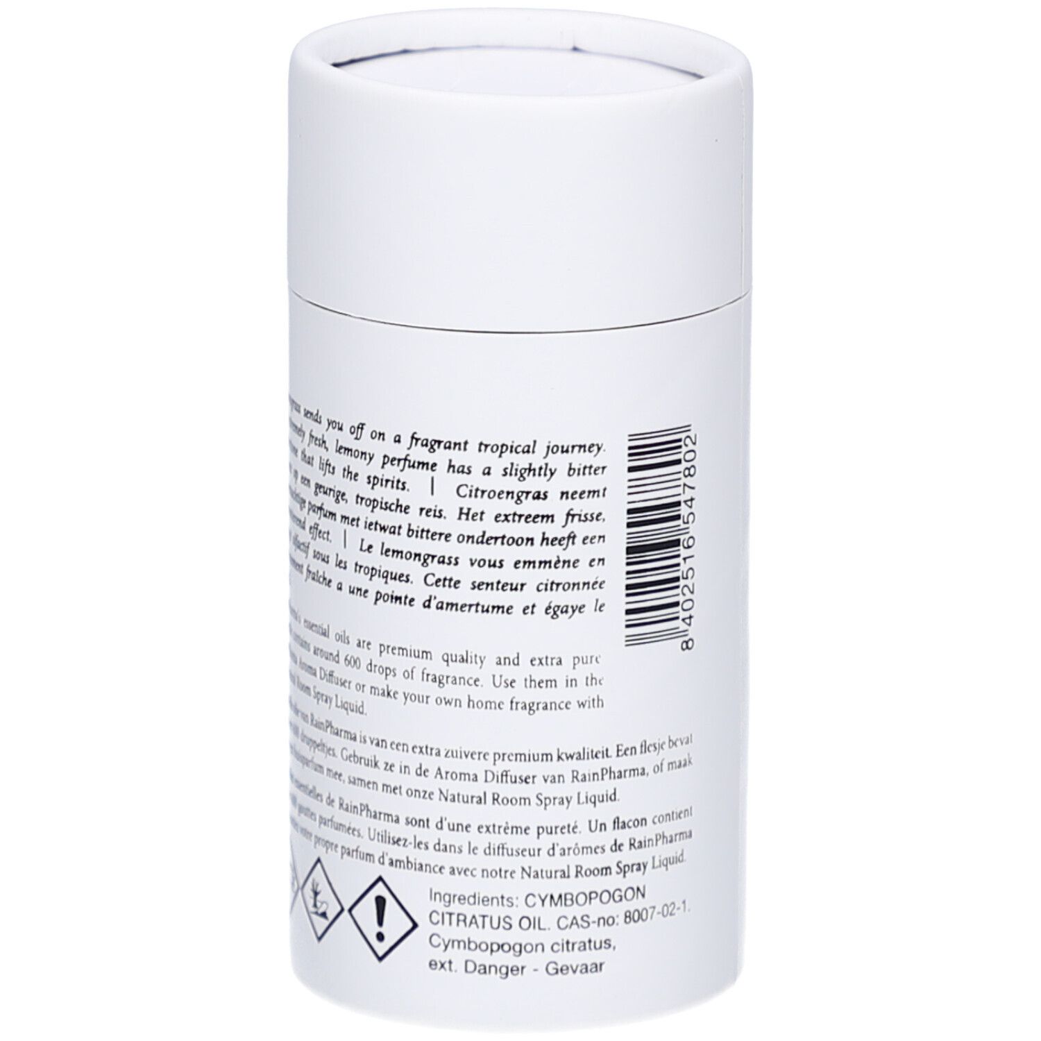 Emballage cylindrique blanc. Texte: description du produit, avertissements, ingrédients, RainPharma.