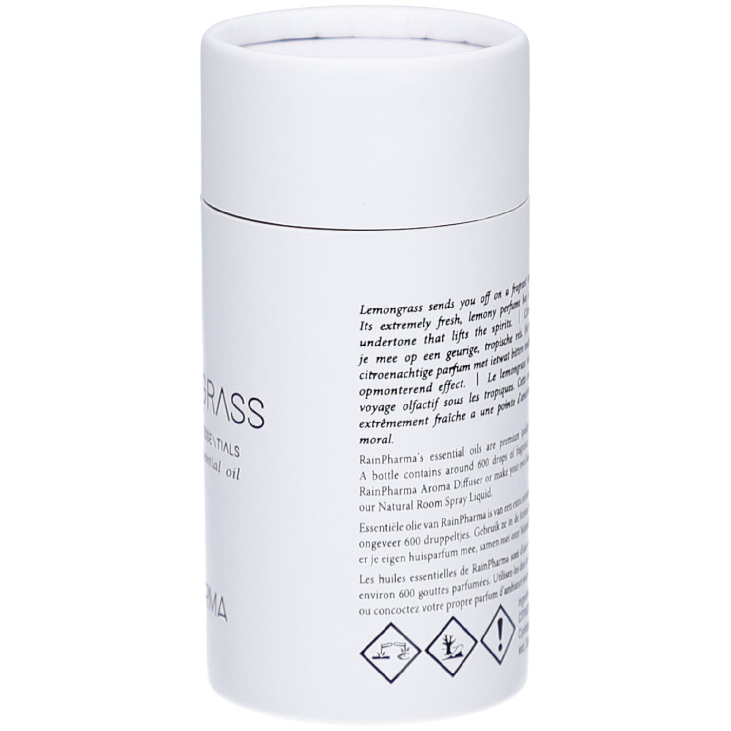 Emballage cylindrique blanc. Texte: description du produit, avertissements, ingrédients, RainPharma.