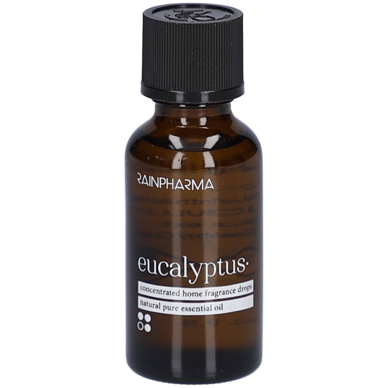 Flacon en verre brun avec bouchon noir. Inscription: RainPharma, eucalyptus, concentrated home fragrance drops, natural pure essential oil.