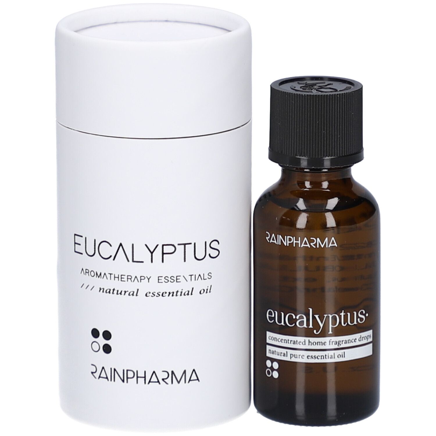 Emballage cylindrique blanc et flacon en verre brun. Inscription: Eucalyptus, Aromatherapy essentials, RainPharma, eucalyptus.