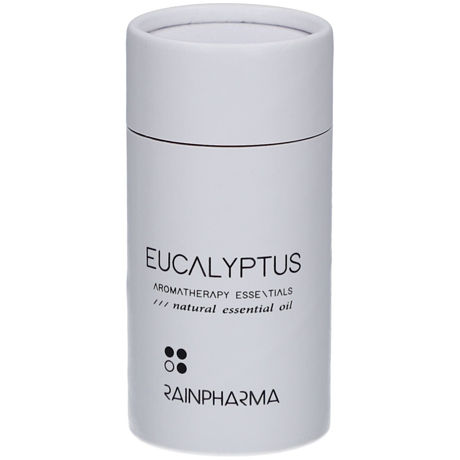 Emballage cylindrique blanc. Inscription: Eucalyptus, Aromatherapy essentials, RainPharma.