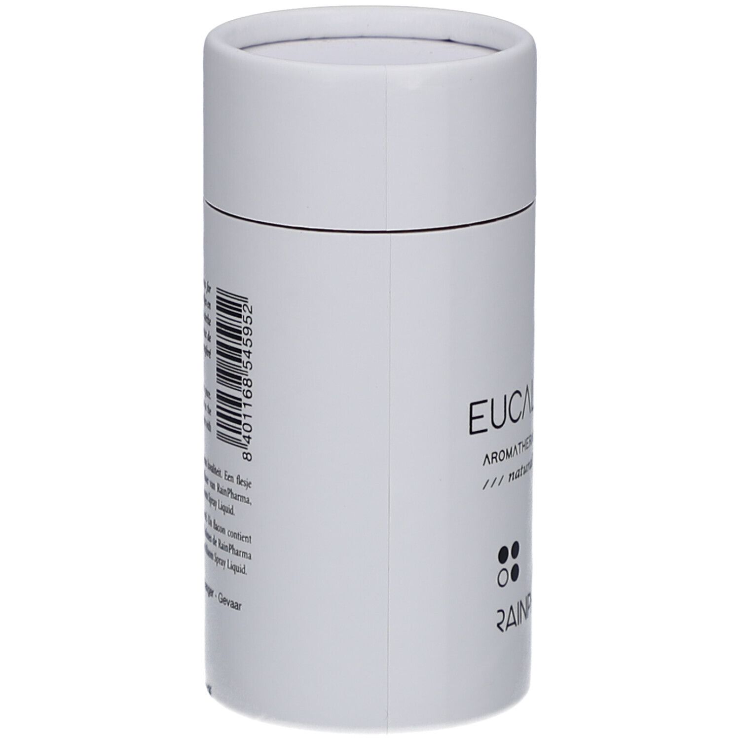 Emballage cylindrique blanc. Inscription: Eucalyptus, Aromatherapy essentials, RainPharma. Dos avec texte et code-barres.