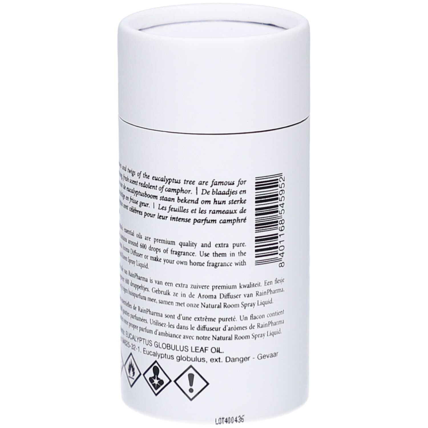 Emballage cylindrique blanc. Texte: Eucalyptus globulus leaf oil, pictogrammes de danger, texte multilingue.