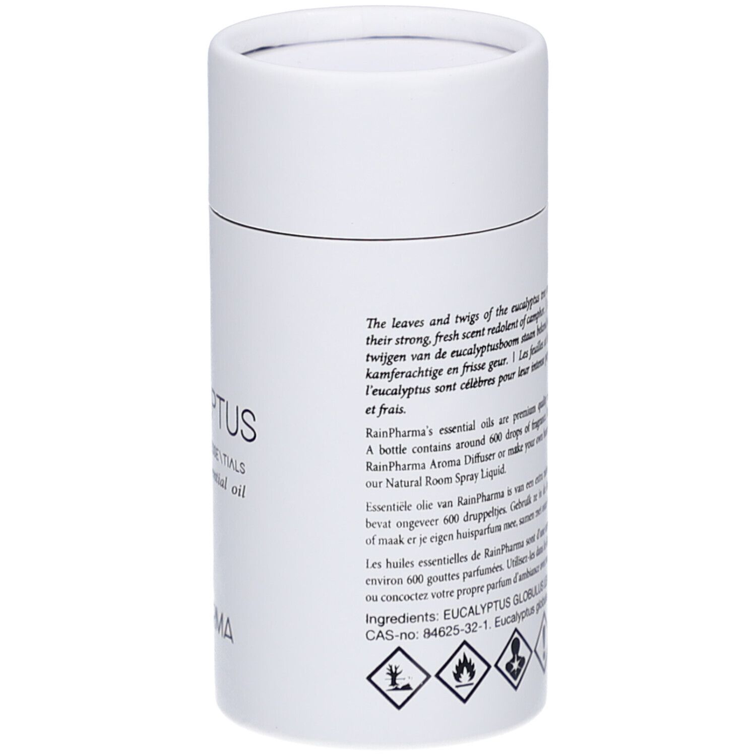 Emballage cylindrique blanc. Texte: Eucalyptus globulus leaf oil, texte multilingue, pictogrammes de danger.