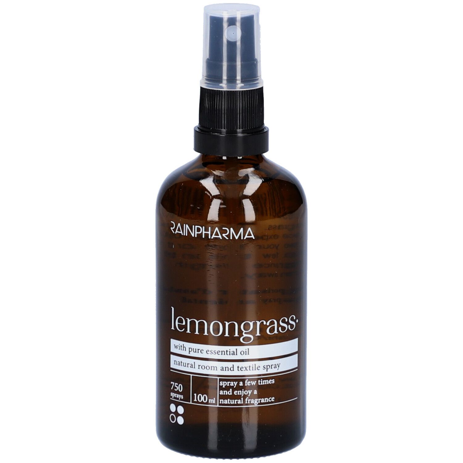 Flacon en verre brun avec vaporisateur. Inscription : Rainpharma, Lemongrass, spray naturel pour pièces et textiles.