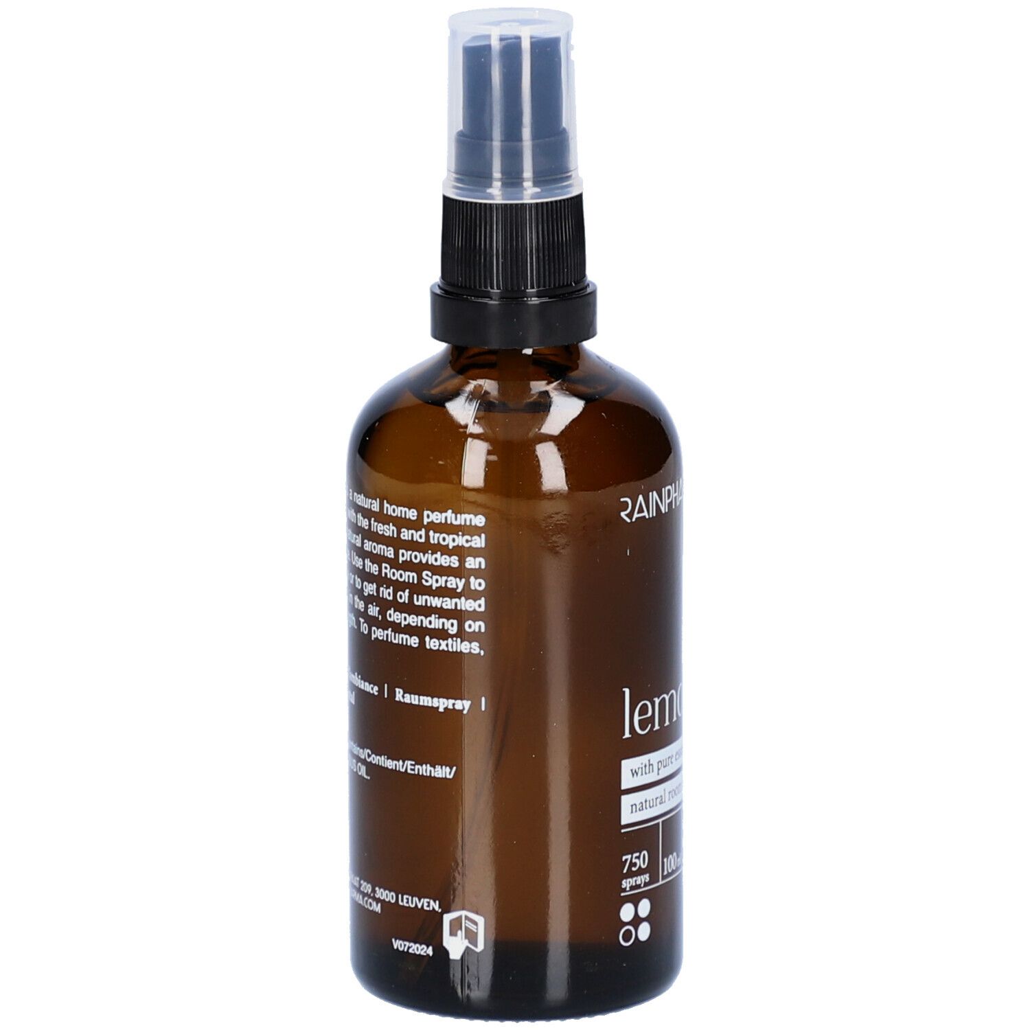 Flacon en verre brun avec vaporisateur. Inscription : Rainpharma, Lemongrass, spray naturel pour pièces et textiles. Texte au dos.