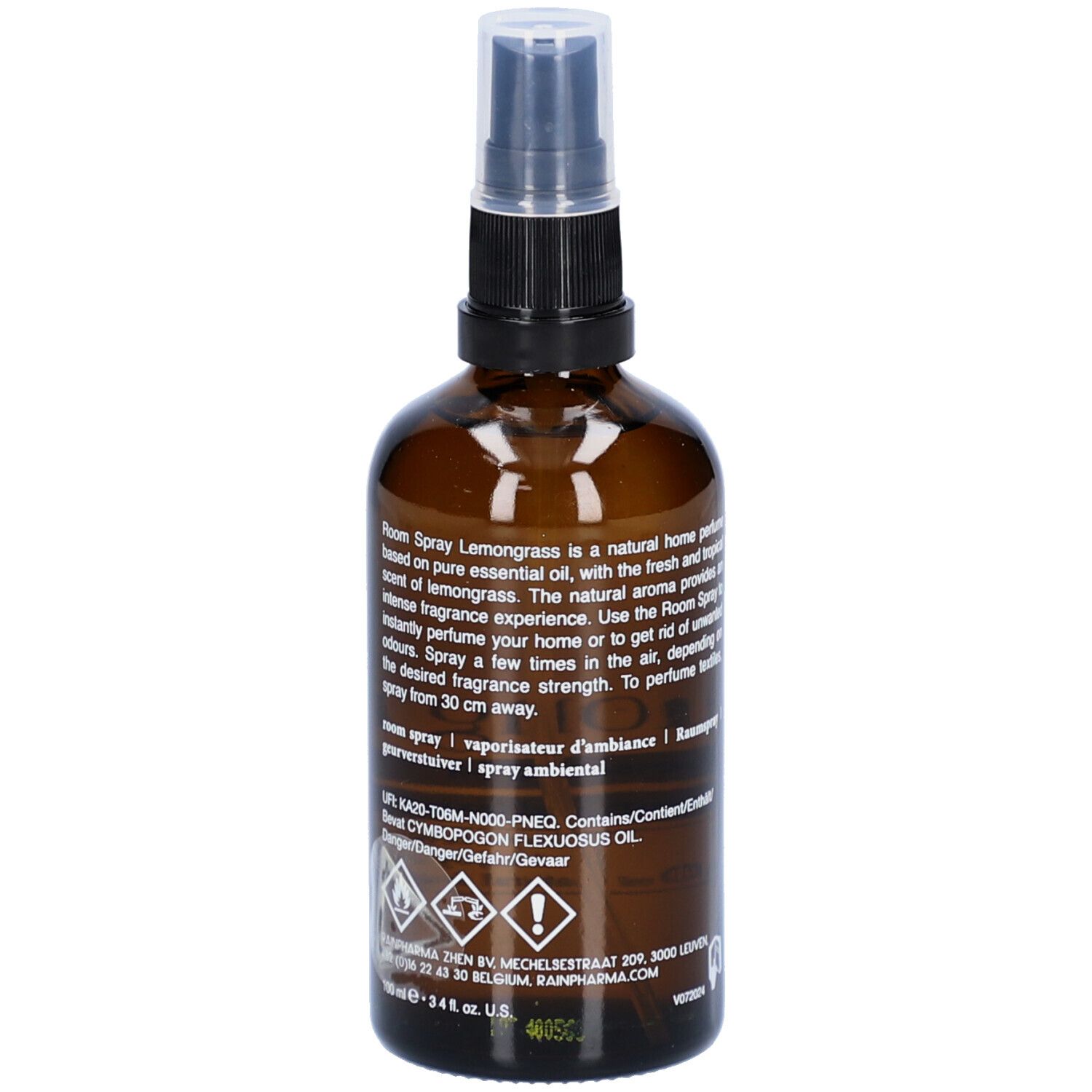 Flacon en verre brun avec vaporisateur. Texte au dos et symboles de danger. Inscription : Rainpharma, Lemongrass.