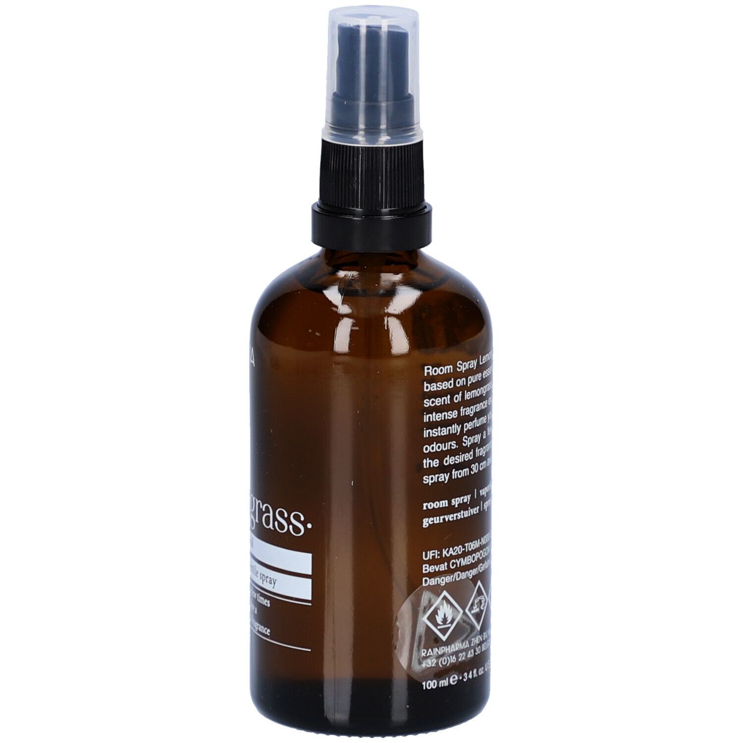 Flacon en verre brun avec vaporisateur. Texte au dos et symboles de danger. Inscription : Rainpharma, Lemongrass.