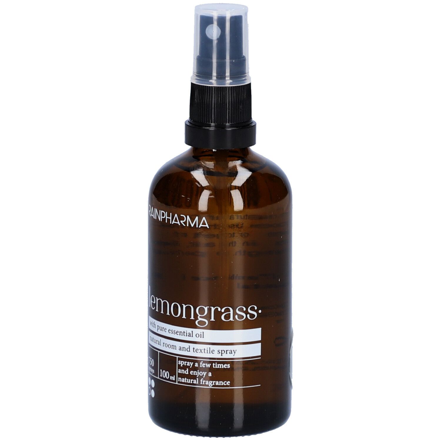Flacon en verre brun avec vaporisateur. Inscription : Rainpharma, Lemongrass, spray naturel pour pièces et textiles.