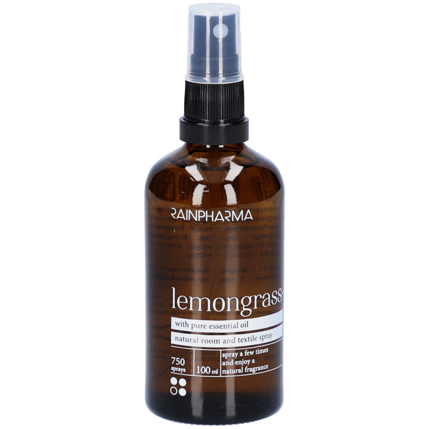 Flacon en verre brun avec vaporisateur. Inscription : Rainpharma, Lemongrass, spray naturel pour pièces et textiles.